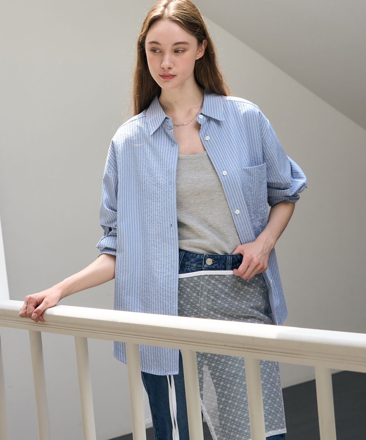 드로우핏 우먼(DRAWFIT WOMEN) 더블 스트라이프 셔츠 [PALE GREEN]