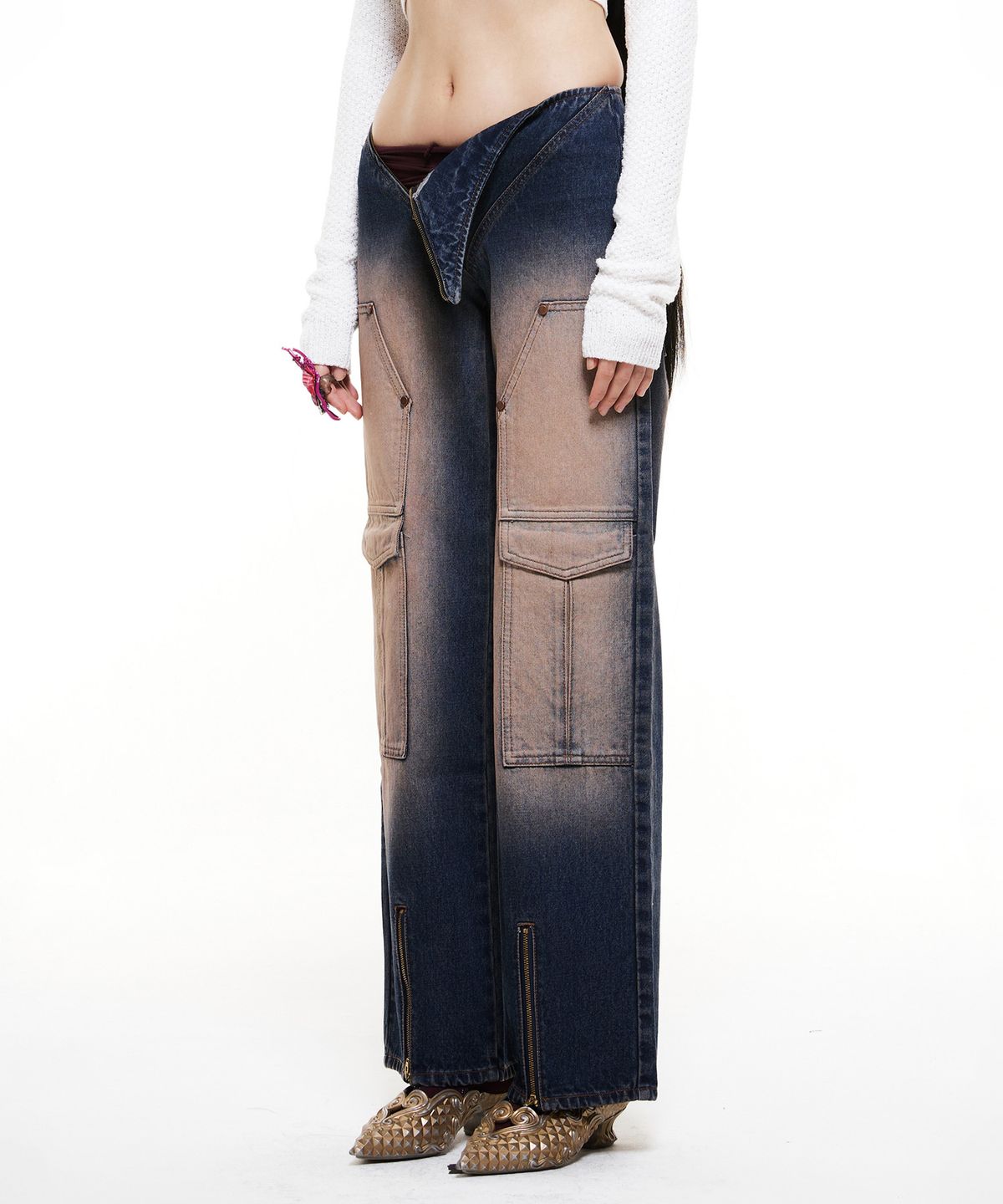배디(BADEE) Diagonal Zipper Denim Pants Orange Indigo