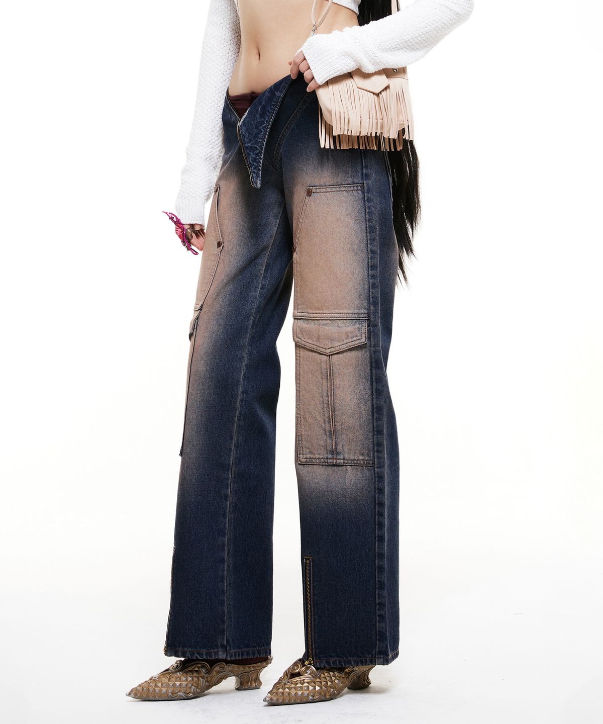 배디(BADEE) Diagonal Zipper Denim Pants Orange Indigo