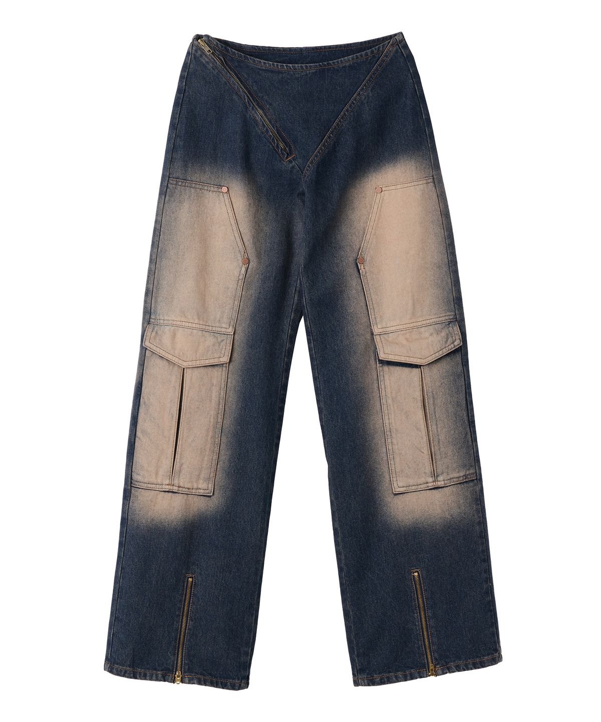 배디(BADEE) Diagonal Zipper Denim Pants Orange Indigo