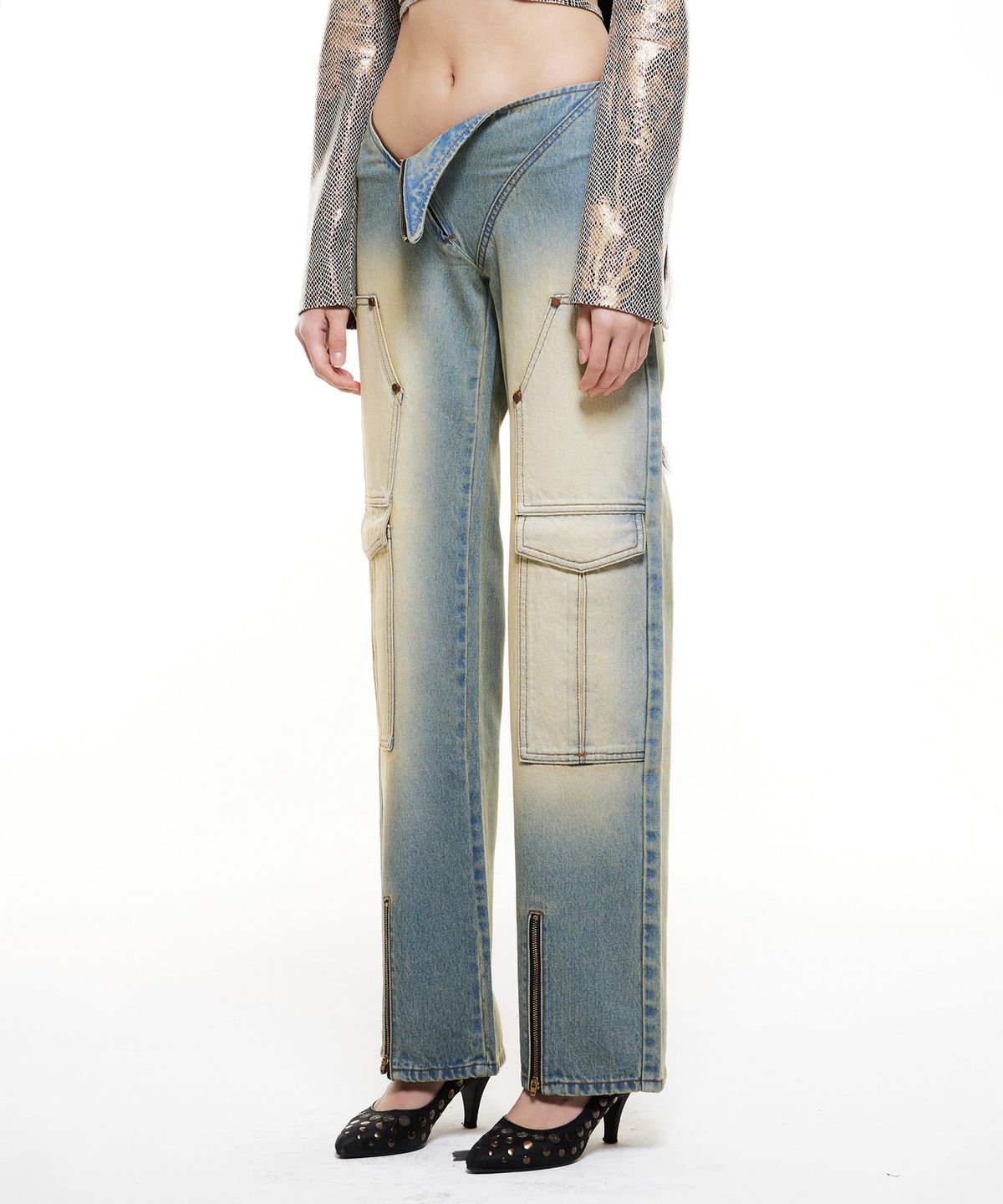 배디(BADEE) Diagonal Zipper Denim Pants Vintage Blue