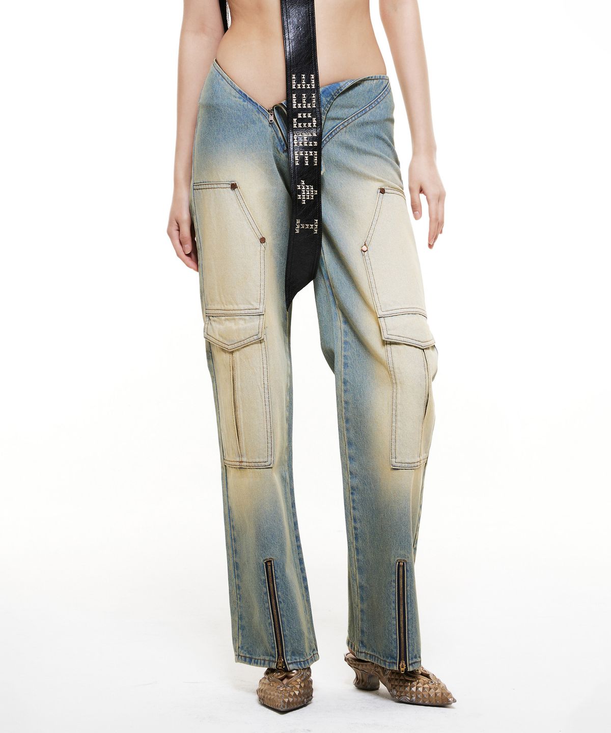 배디(BADEE) Diagonal Zipper Denim Pants Vintage Blue