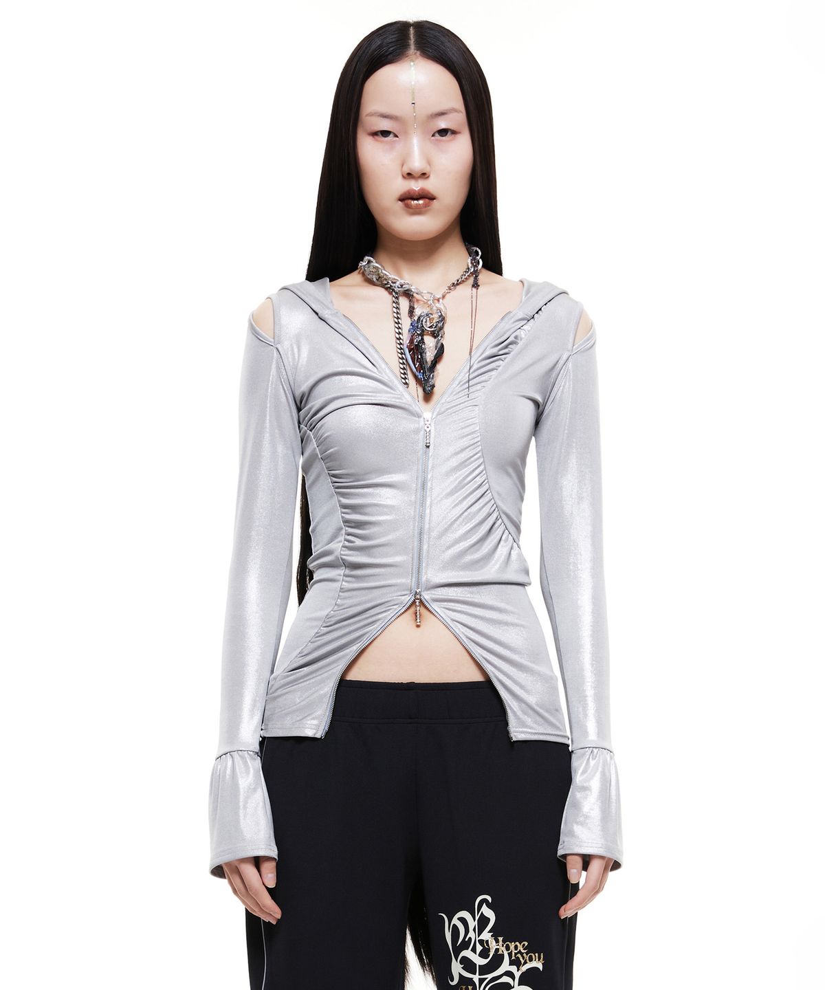 배디(BADEE) Cut-Out Shirring Hoodie Zip-up Glitter Sage