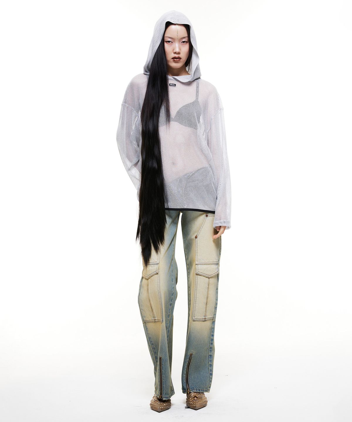 배디(BADEE) Mesh Boxy Hoodie Silver