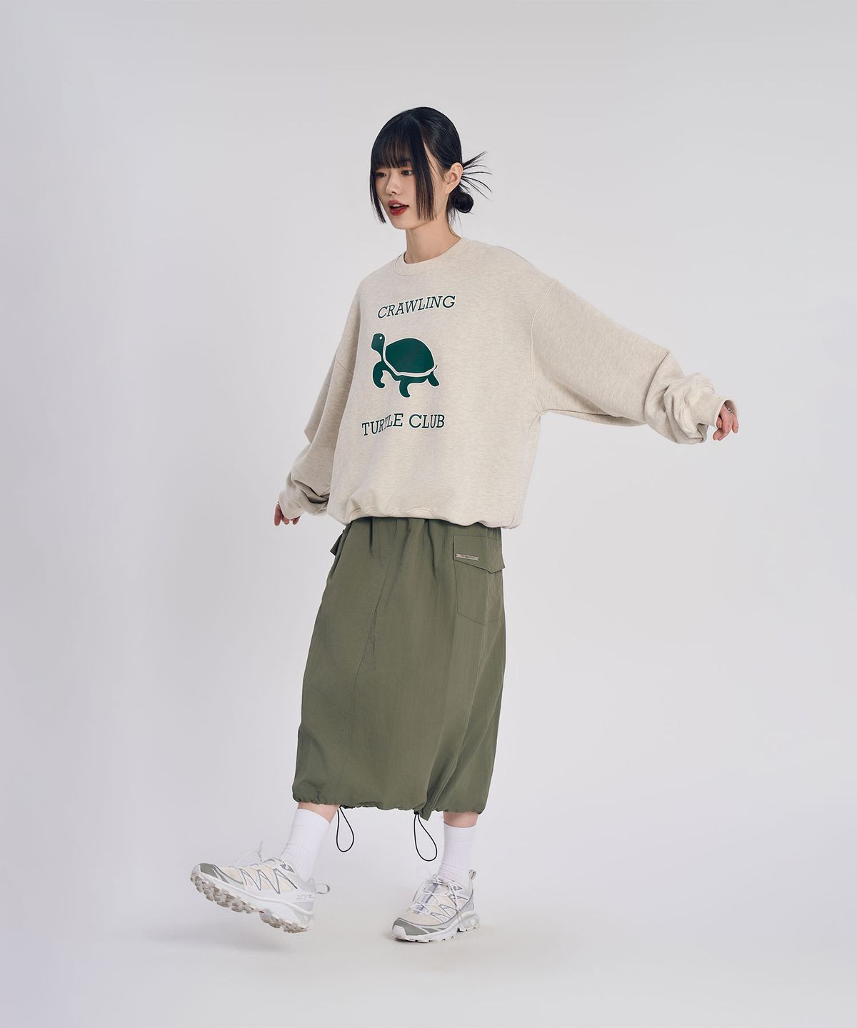 슬로우 레코드 하우스(SLOW RECORD HOUSE) 나일론 카고 롱 스커트_카키