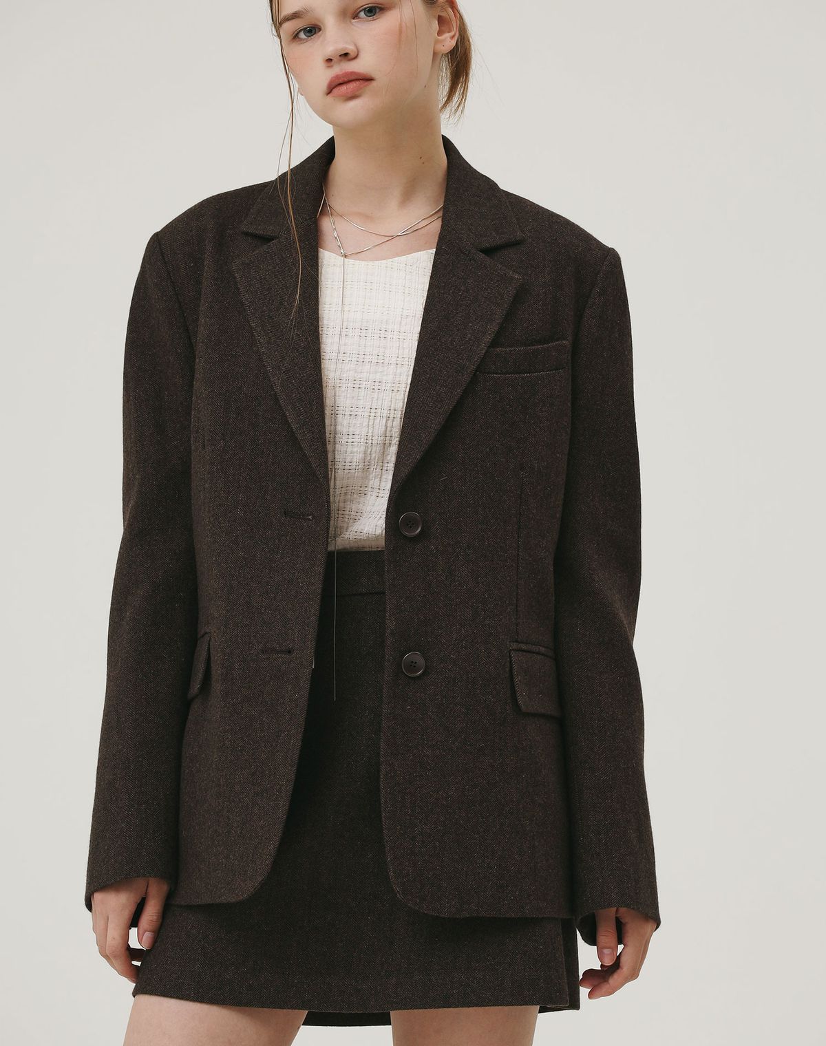 지에마르(GIEMAR) HERRINGBONE CLASSIC WOOL SKIRT BROWN