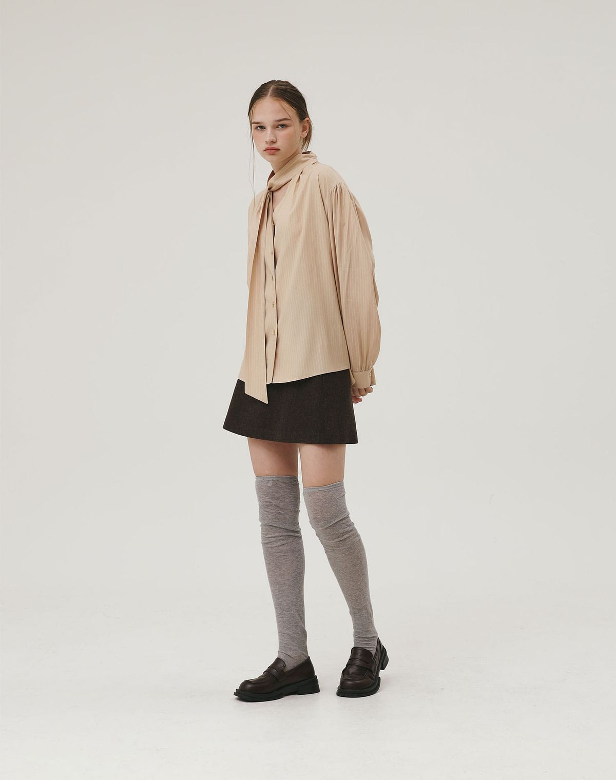 지에마르(GIEMAR) HERRINGBONE CLASSIC WOOL SKIRT BROWN