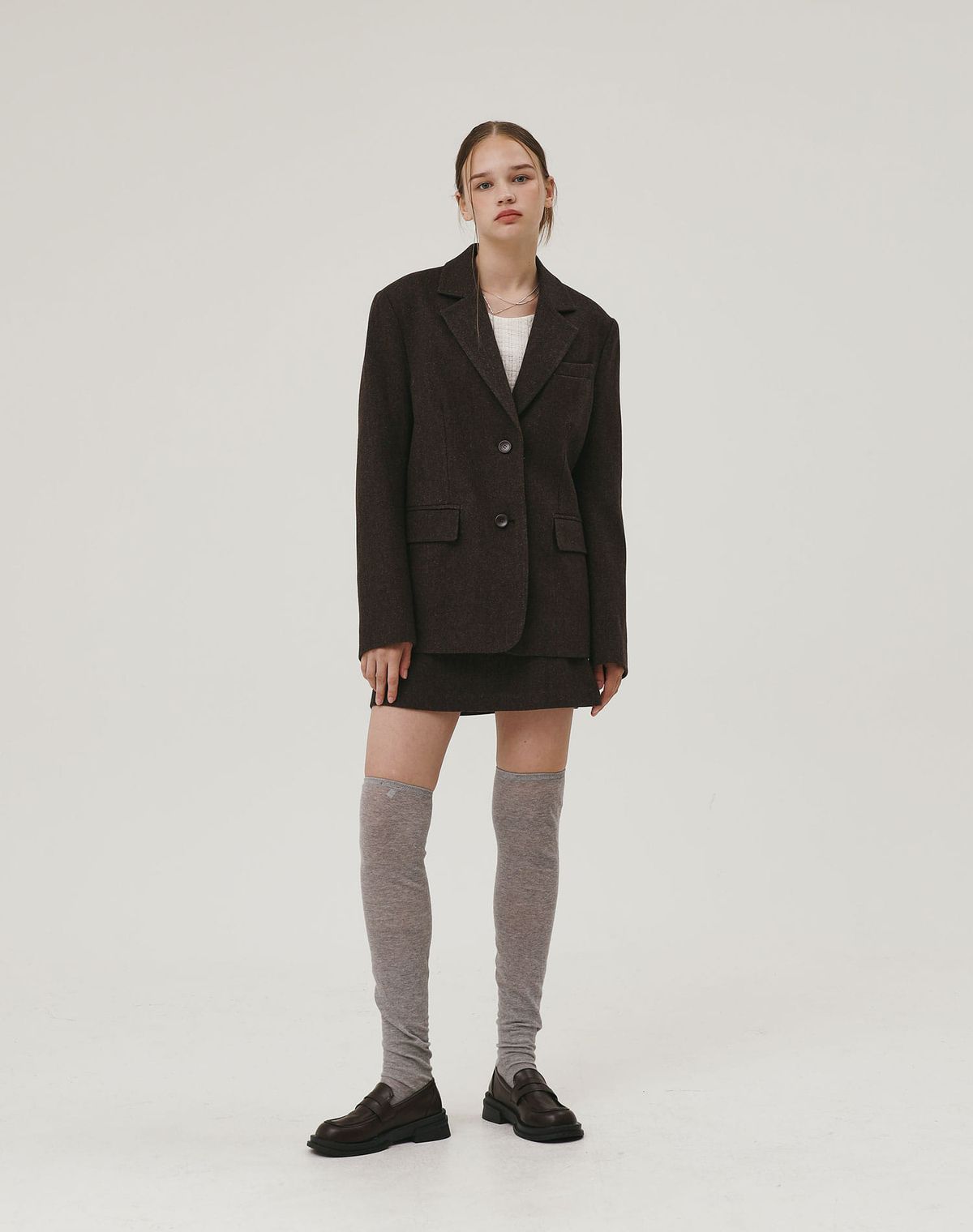지에마르(GIEMAR) HERRINGBONE CLASSIC WOOL SKIRT BROWN