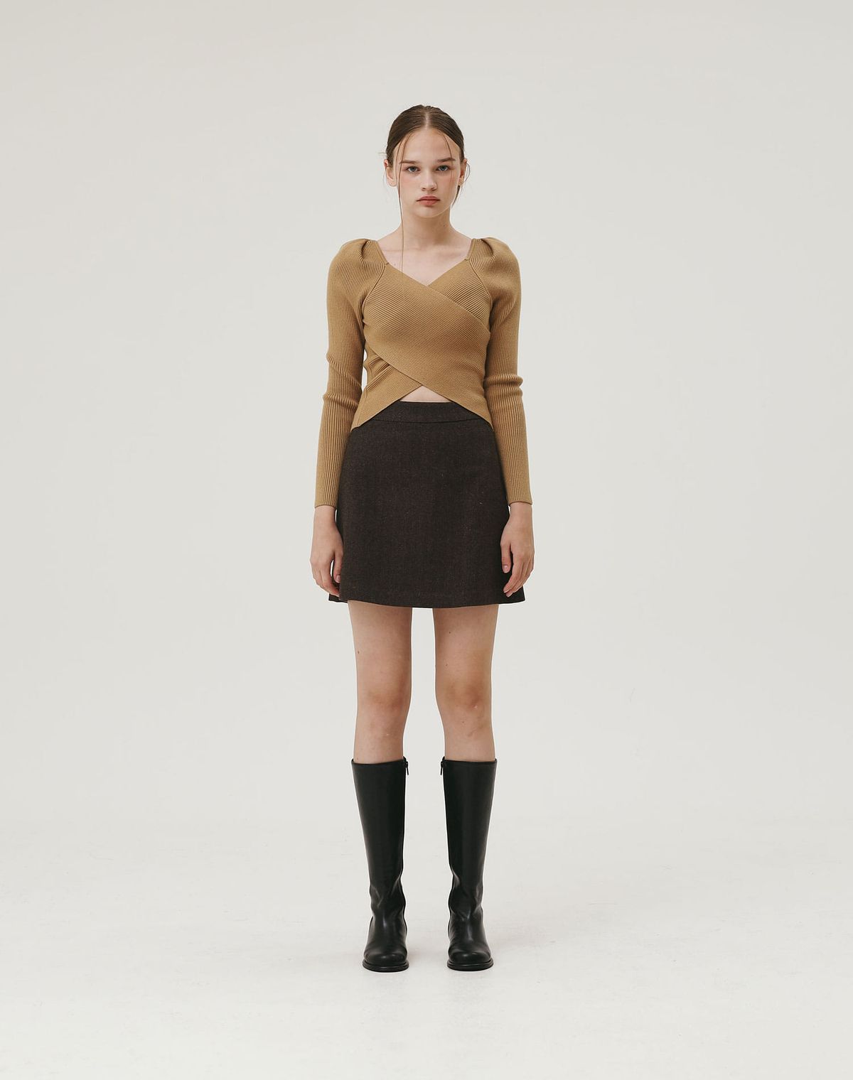 지에마르(GIEMAR) HERRINGBONE CLASSIC WOOL SKIRT BROWN