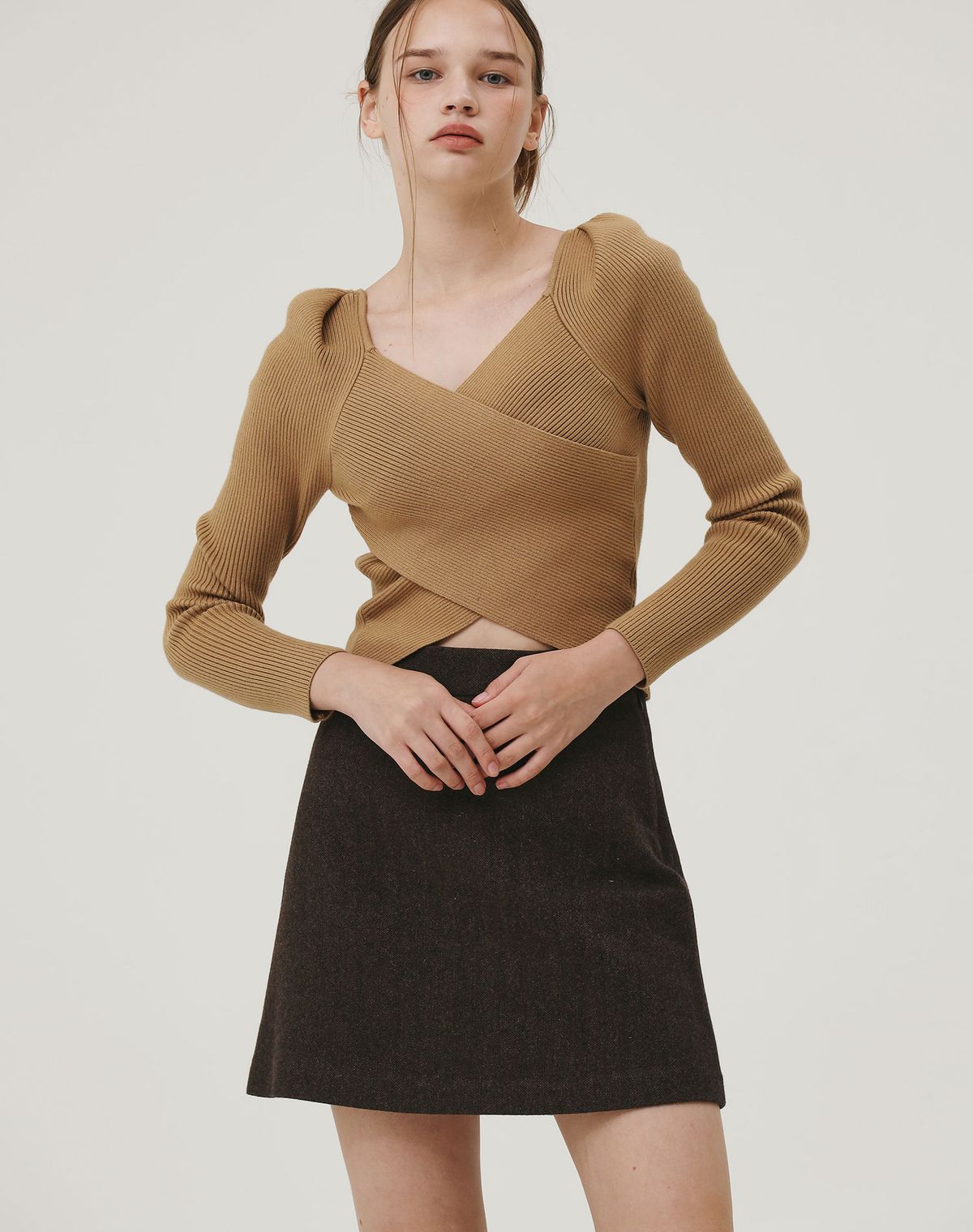지에마르(GIEMAR) HERRINGBONE CLASSIC WOOL SKIRT BROWN