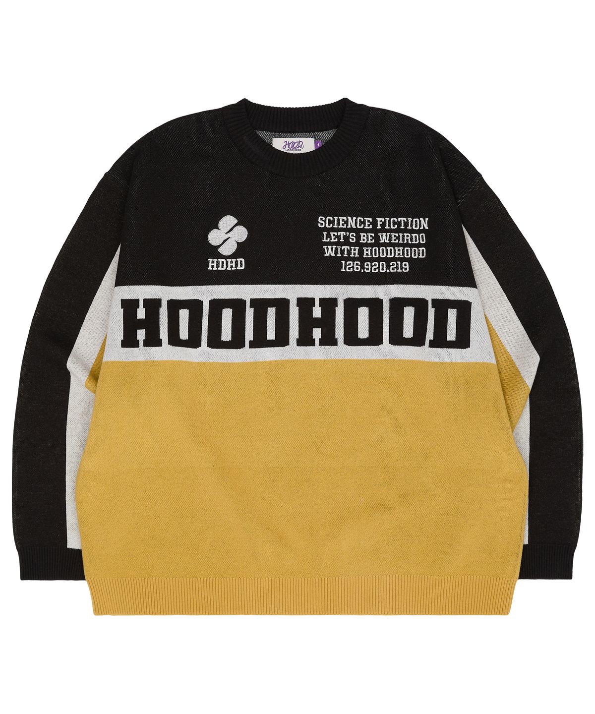 후드후드(HOODHOOD) 컬러블록 레이싱 크루넥 니트 블랙