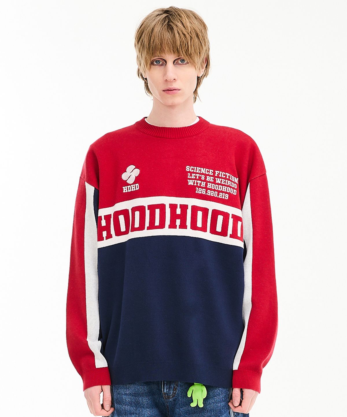 후드후드(HOODHOOD) 컬러블록 레이싱 크루넥 니트 레드