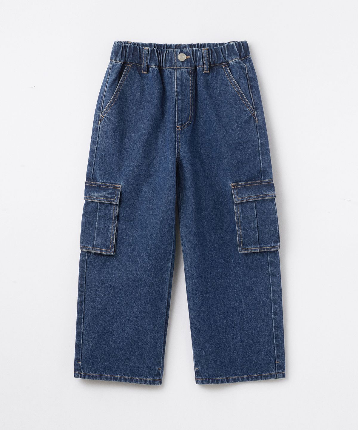무신사 스탠다드 키즈(MUSINSA STANDARD KIDS) 와이드 카고 밴딩 데님 팬츠 [미디엄 인디고]