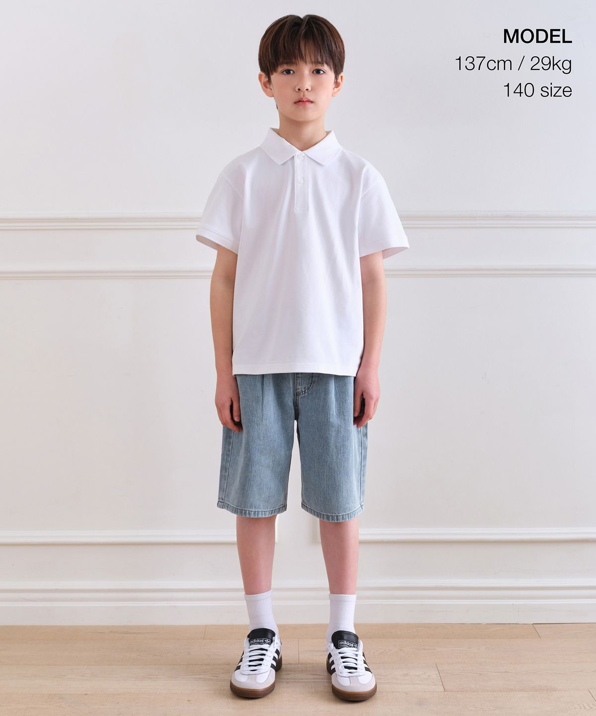 무신사 스탠다드 키즈(MUSINSA STANDARD KIDS) 린넨 라이크 원 턱 와이드 밴딩 데님 쇼츠 [라이트 인디고]