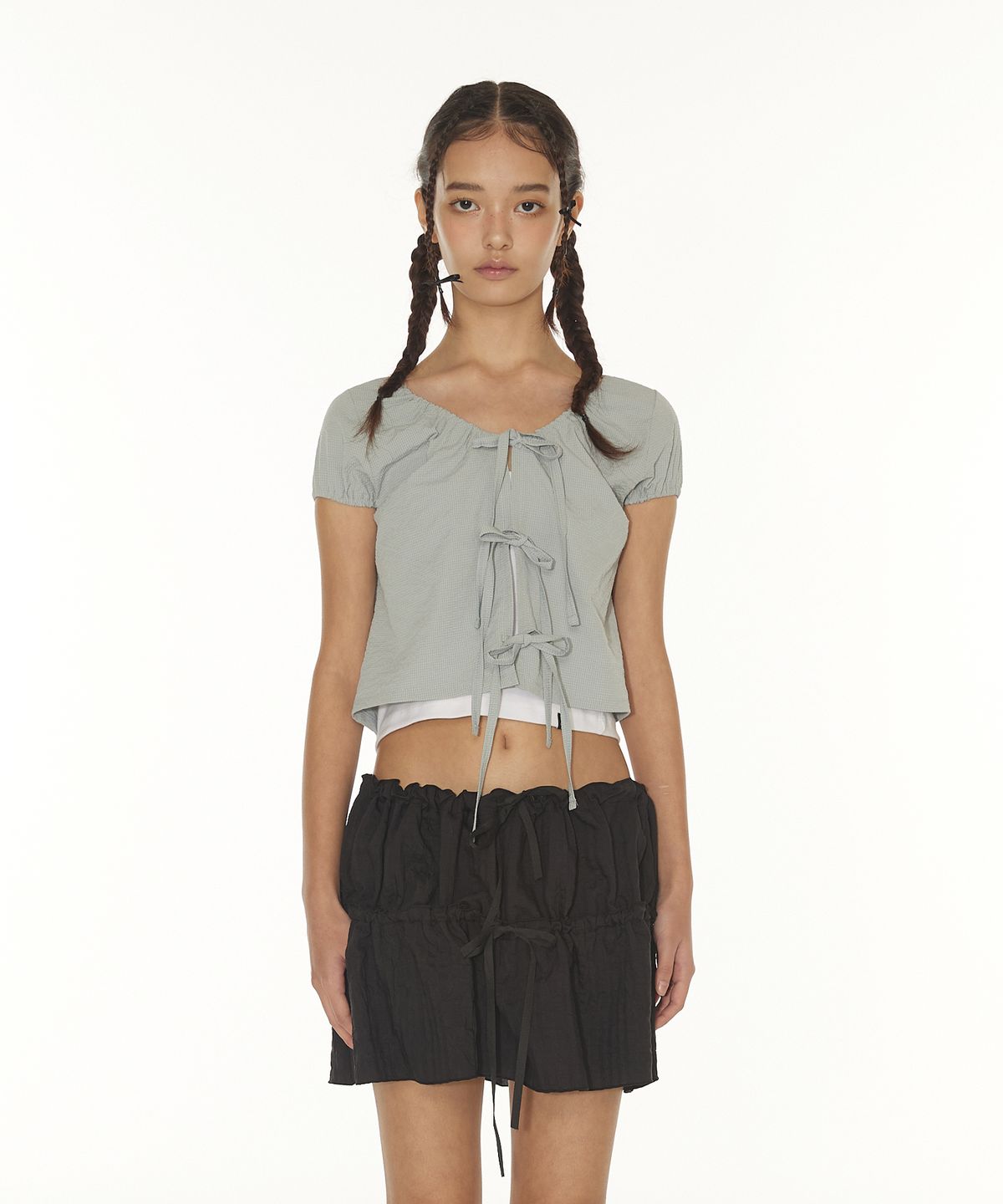 디어스토커(DEARSTALKER) FUZZY SHIRRING RIBBON CARDIGAN - BLUE