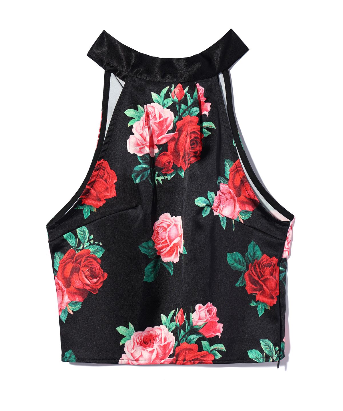 유희(YOUHEE) SATIN FLOWER PATTERN HALTER NECK BLOUSE BLACK