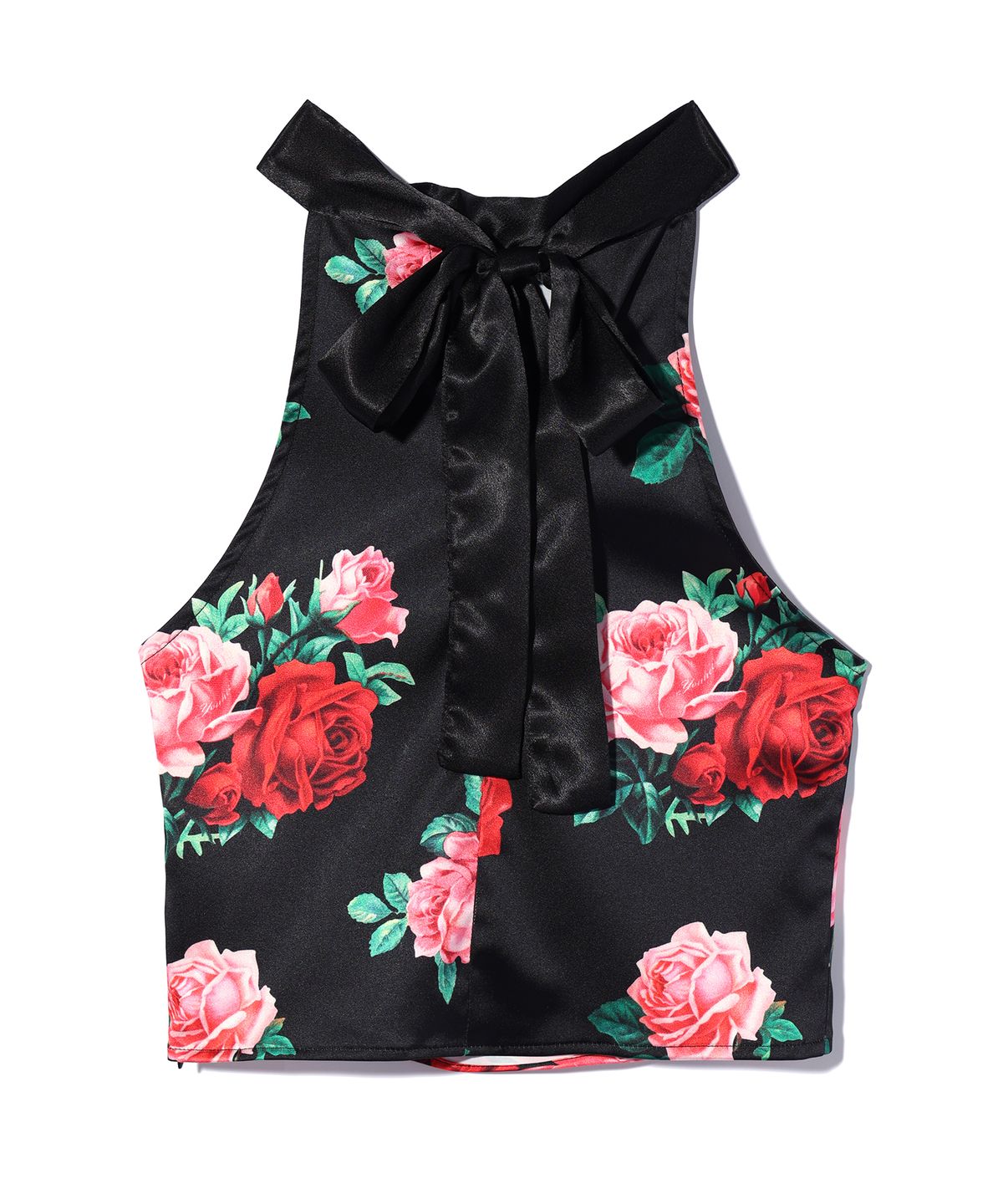 유희(YOUHEE) SATIN FLOWER PATTERN HALTER NECK BLOUSE BLACK
