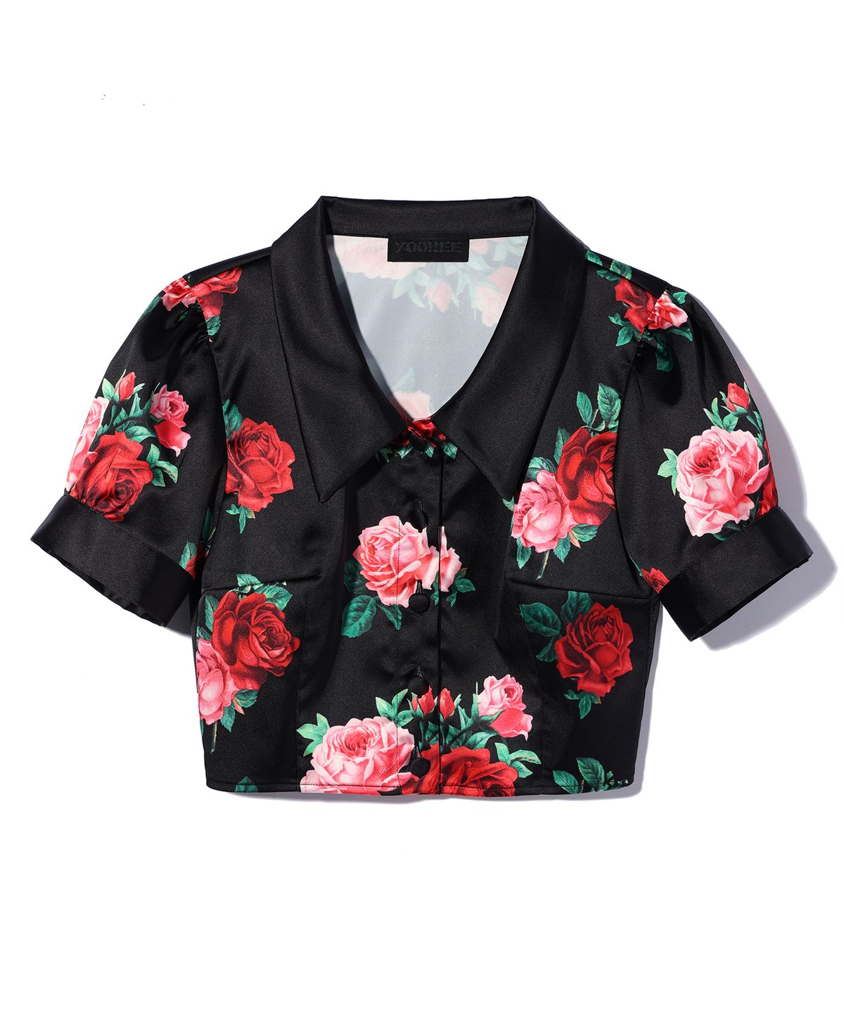 유희(YOUHEE) SATIN FLOWER PATTERN BLOUSE BLACK