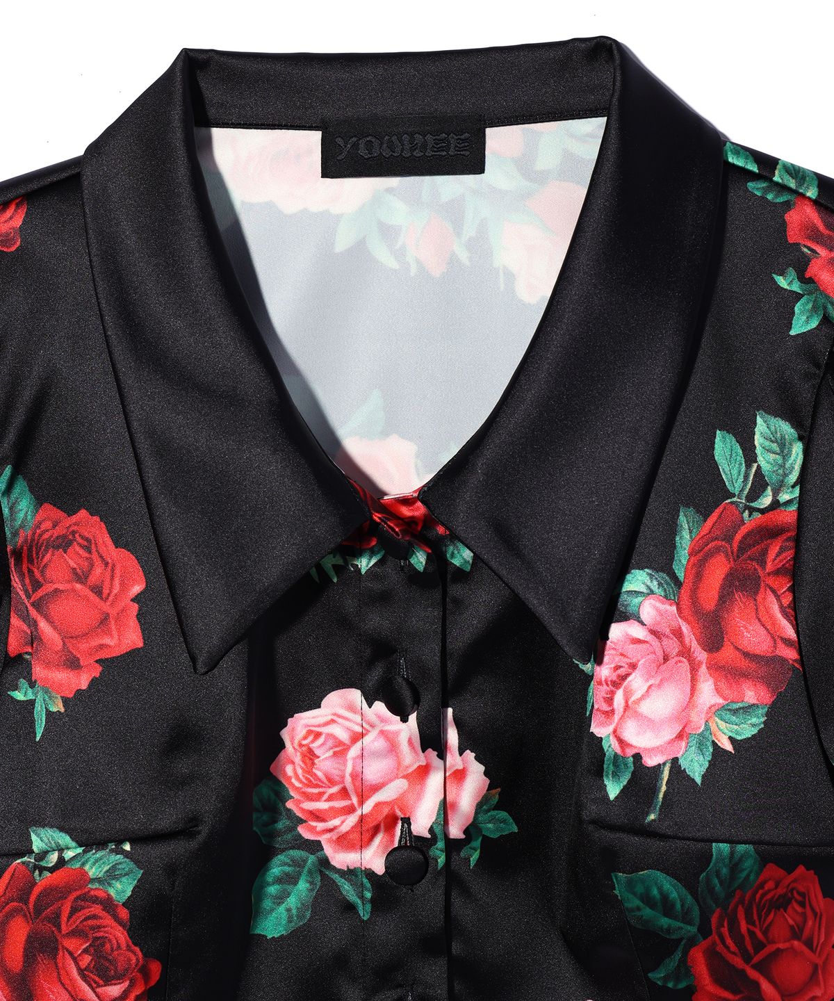 유희(YOUHEE) SATIN FLOWER PATTERN BLOUSE BLACK