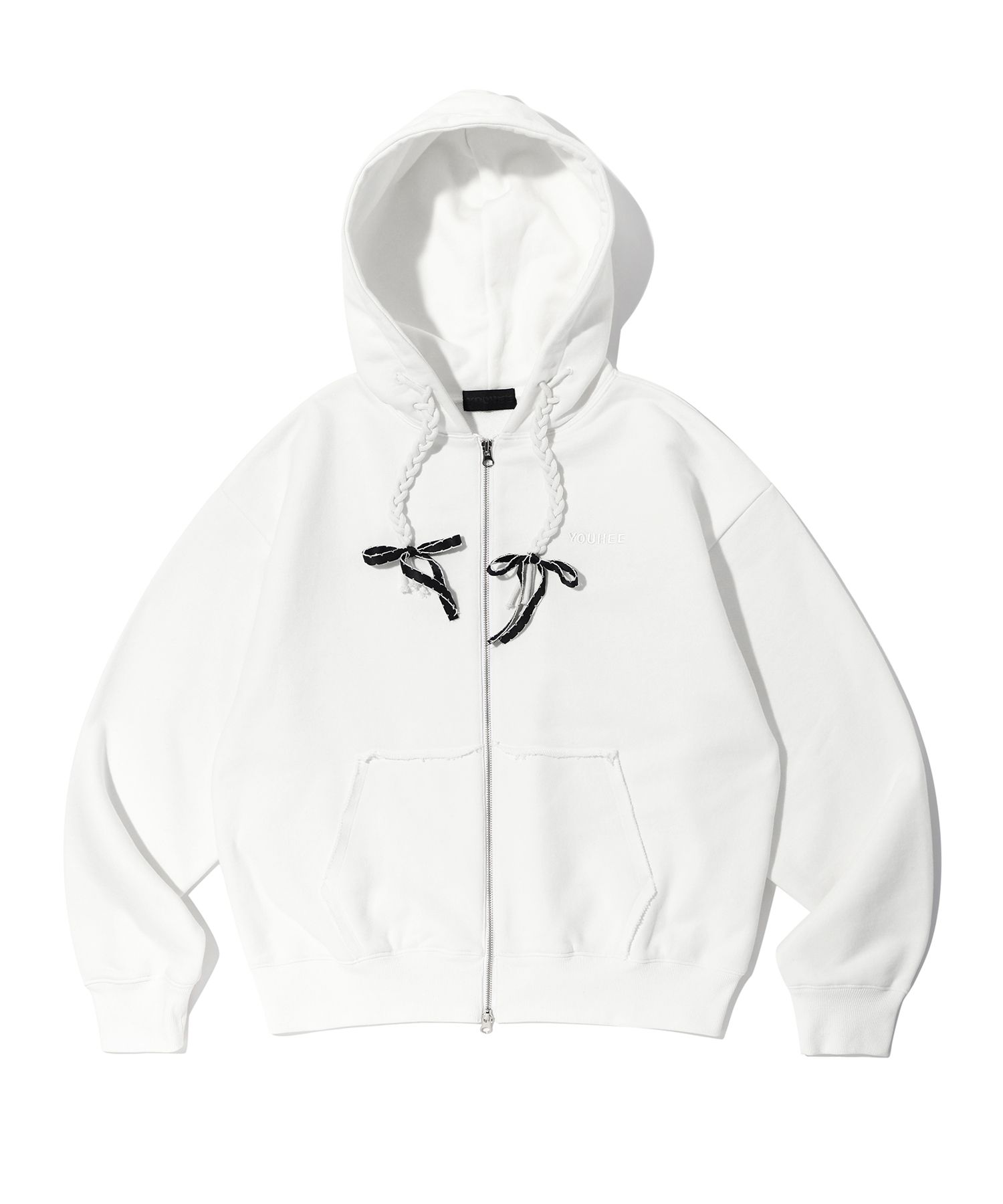 MUSINSA | YOUHEE RIBBON DETAIL HOOD ZIP-UP WHITE