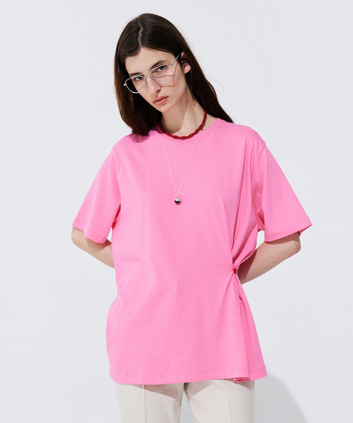 분더캄머(WNDERKAMMER) Button Line T-shirt_Hot Pink (버튼 라인 티셔츠_핫 핑크)