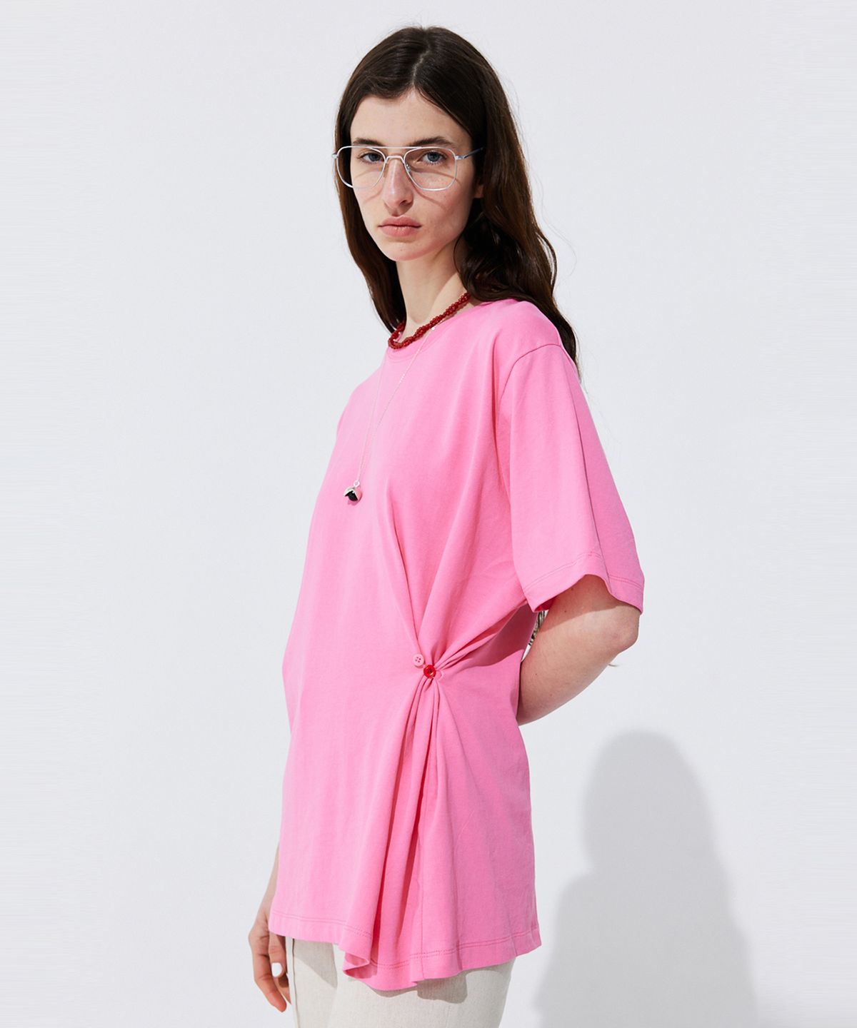 분더캄머(WNDERKAMMER) Button Line T-shirt_Hot Pink (버튼 라인 티셔츠_핫 핑크)