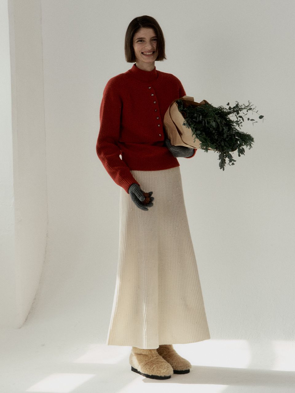 MUSINSA | RE BOLD Flare Long Knit Skirt - Ivory