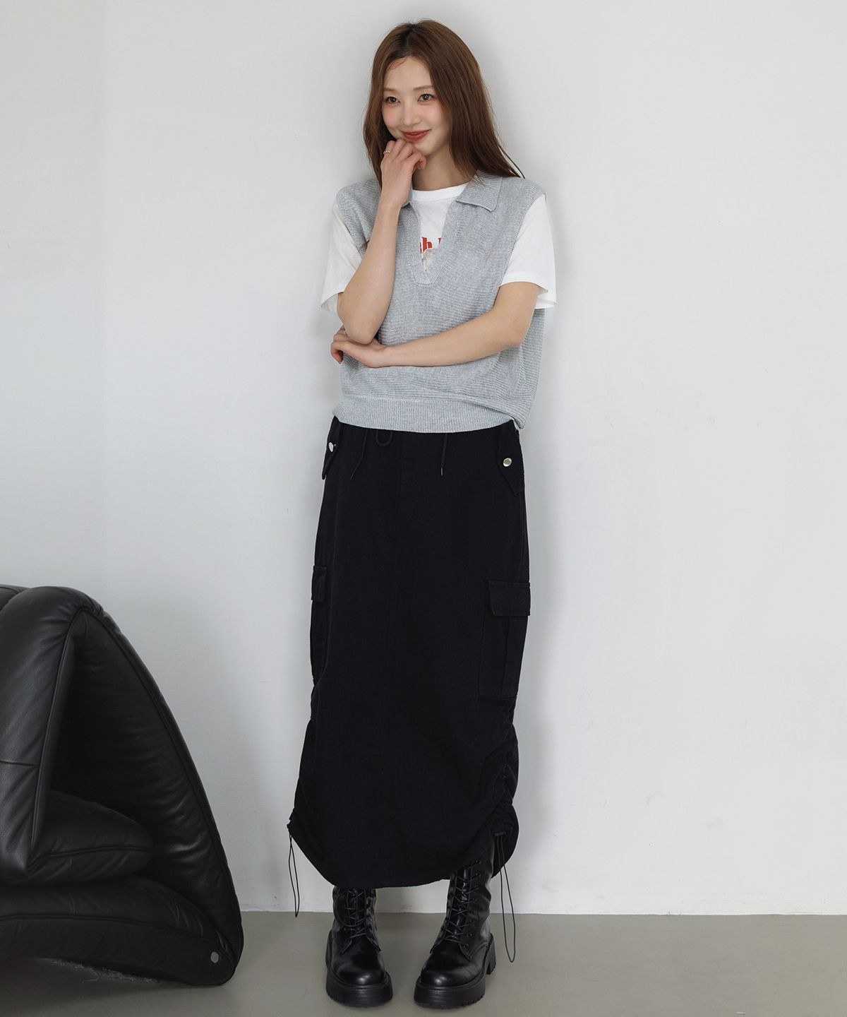 하이파이브(HYFVE) 액티브 사이드 포켓 앤드 셔링 롱 스커트