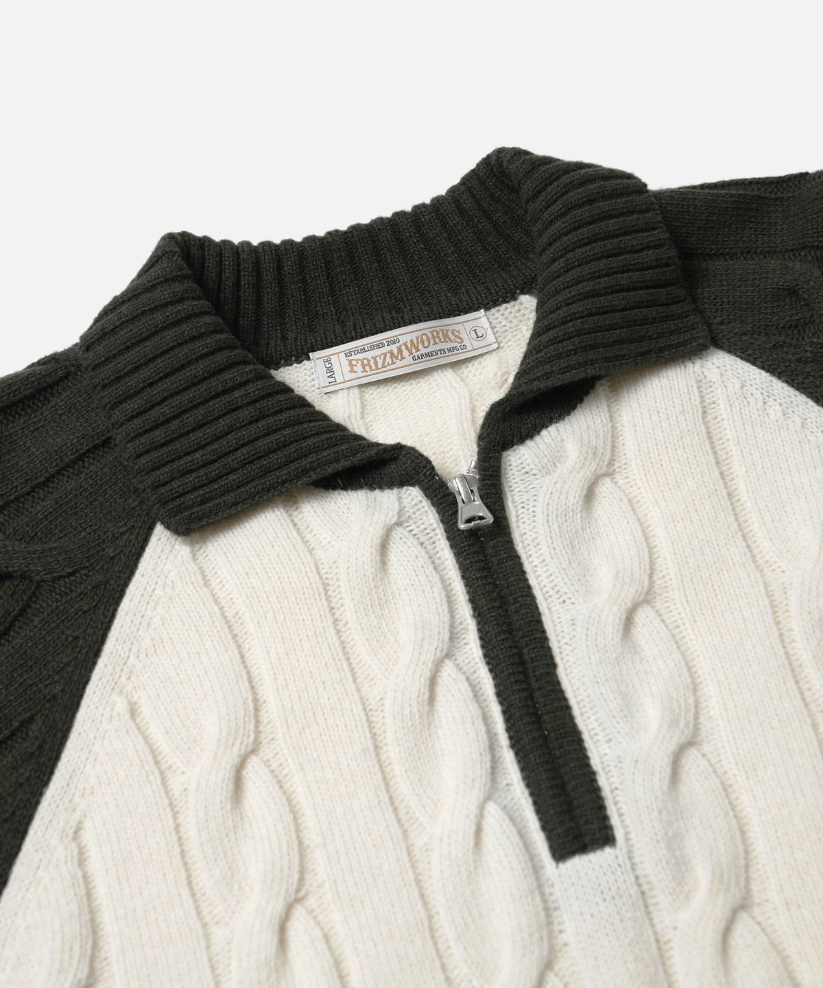 프리즘웍스(FRIZMWORKS) WOOL CABLE RAGLAN HALF ZIP KNIT _ DARK OLIVE