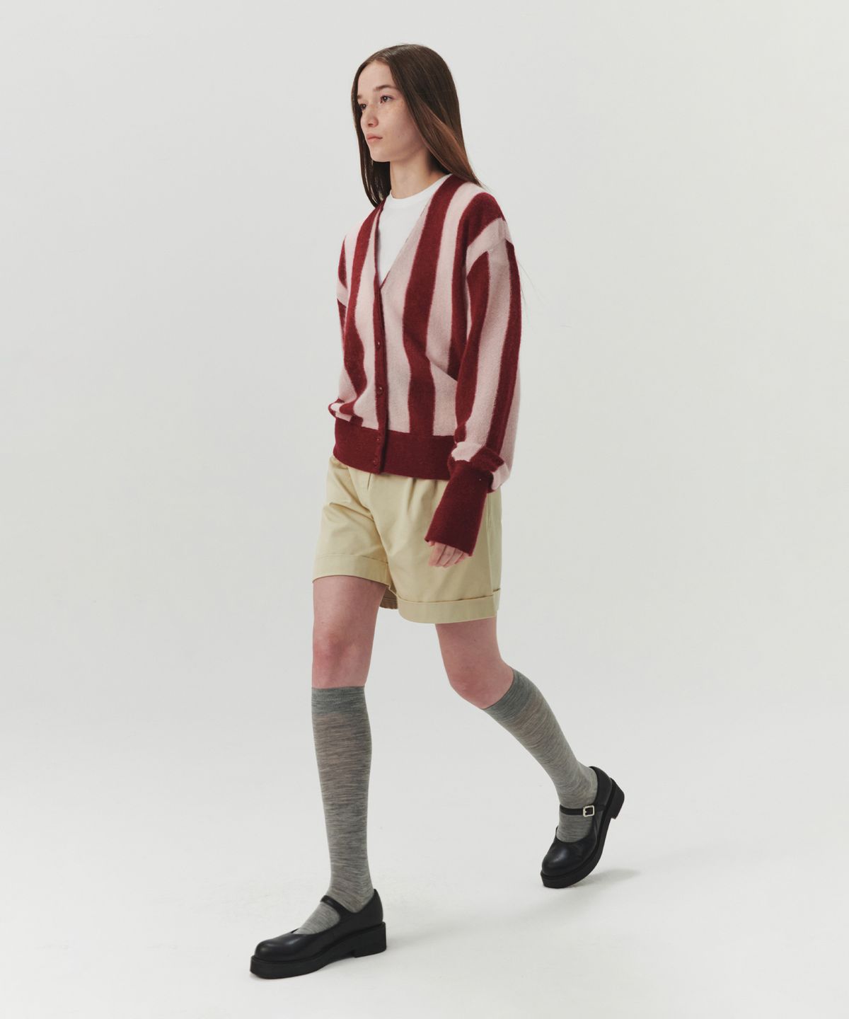 르바(LEVAR) Stripe Mohair V-neck Cardigan - Pink/Wine