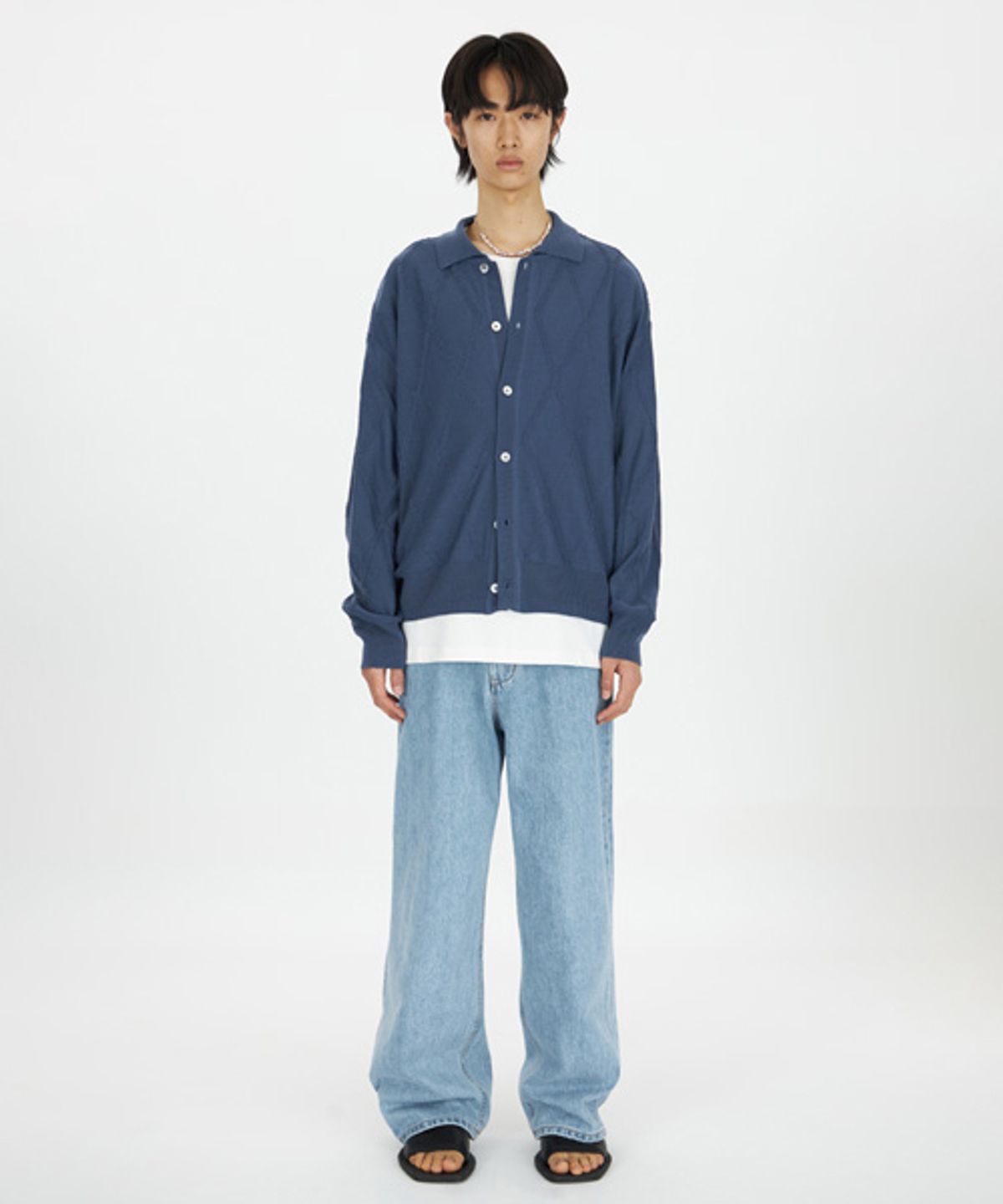 유스(YOUTH) Fringe Knit Collar Cardigan - Blue