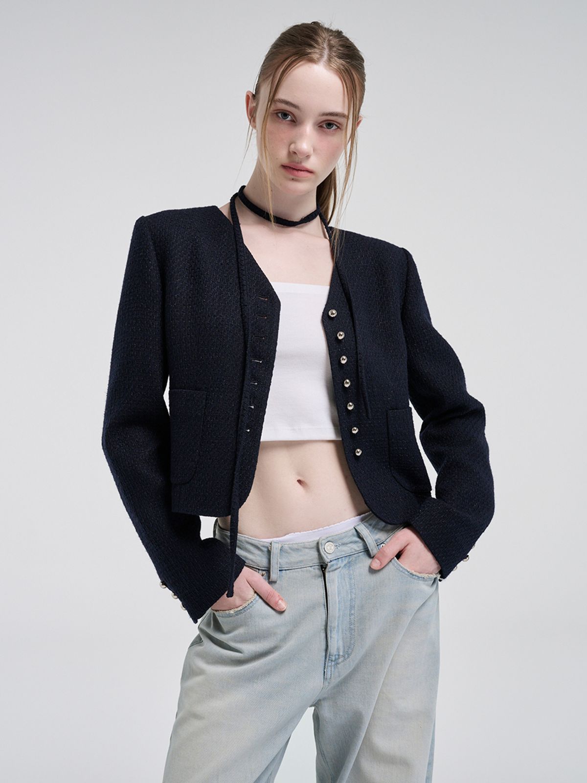 에트몽(ETMON) V-Neck Strap Tweed Jacket, Dark Navy