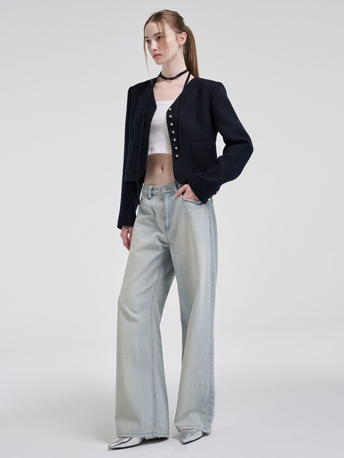 에트몽(ETMON) V-Neck Strap Tweed Jacket, Dark Navy