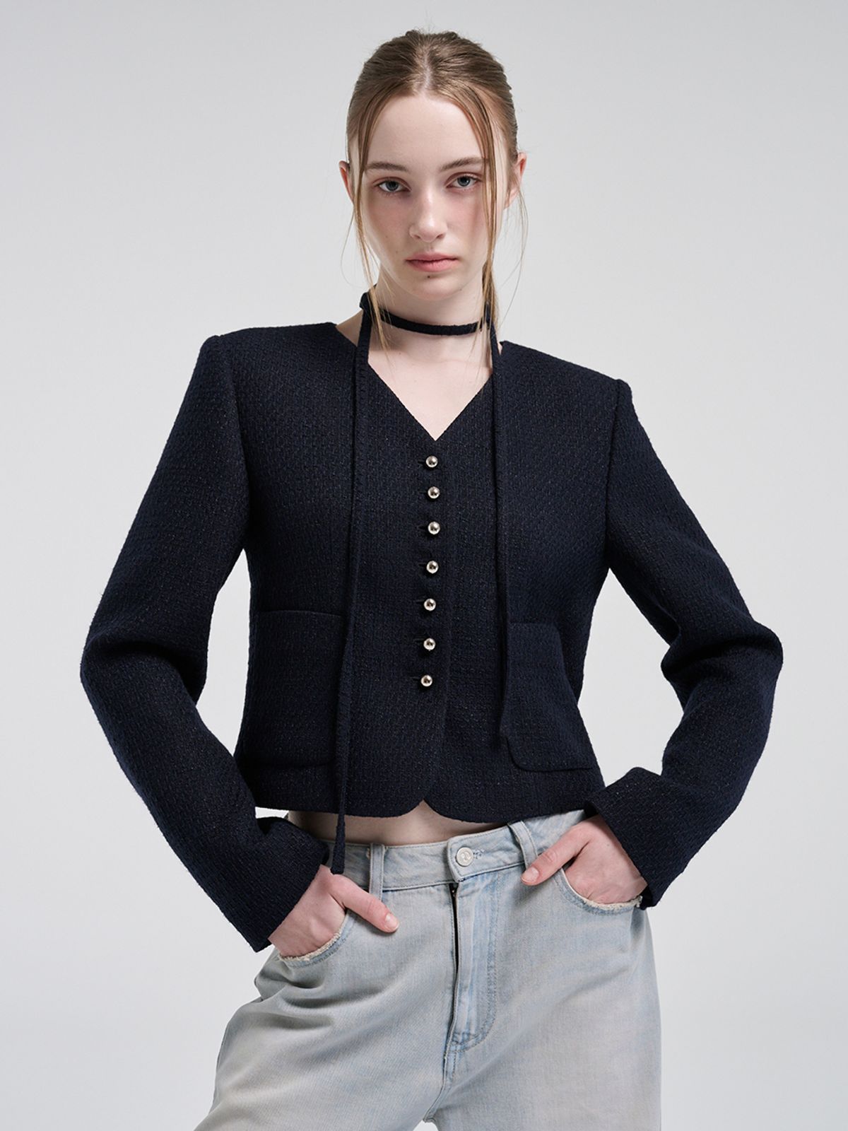 에트몽(ETMON) V-Neck Strap Tweed Jacket, Dark Navy