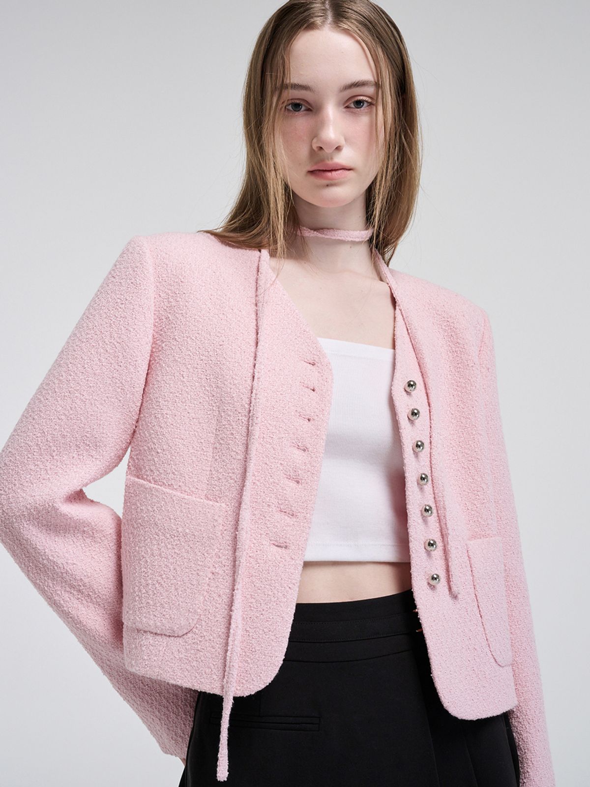 에트몽(ETMON) V-Neck Strap Tweed Jacket, Pink