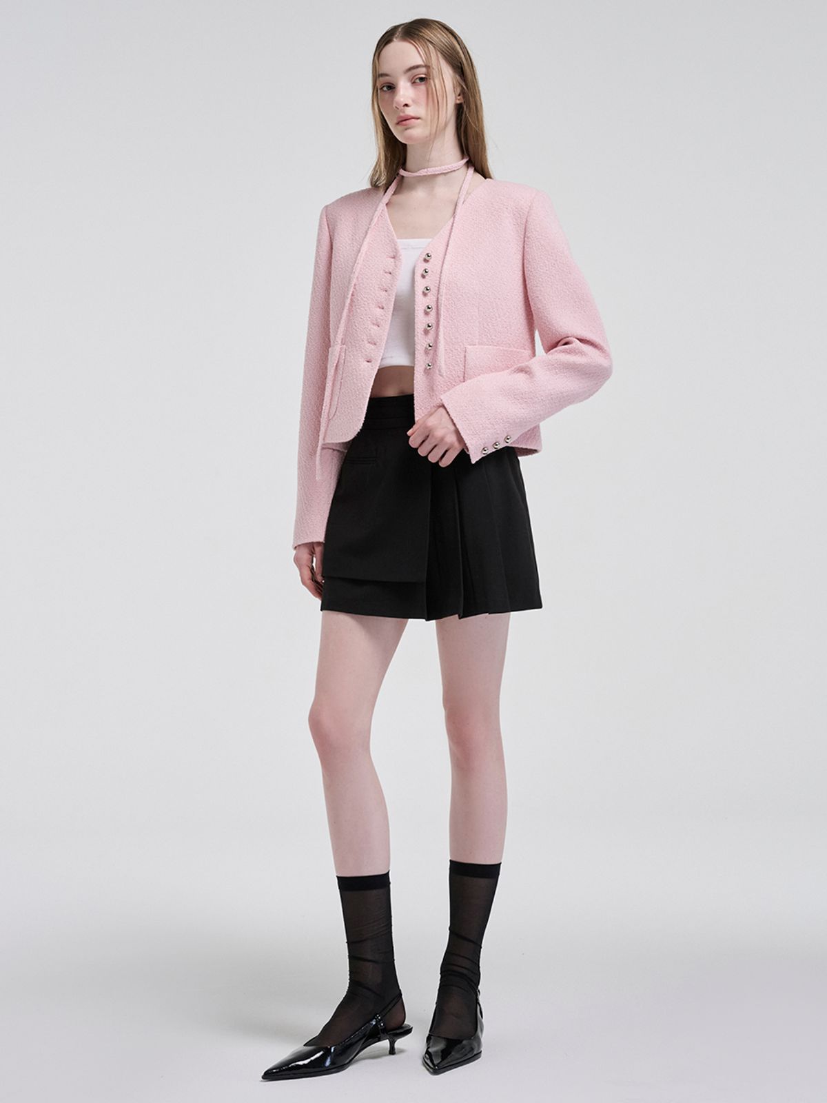 에트몽(ETMON) V-Neck Strap Tweed Jacket, Pink