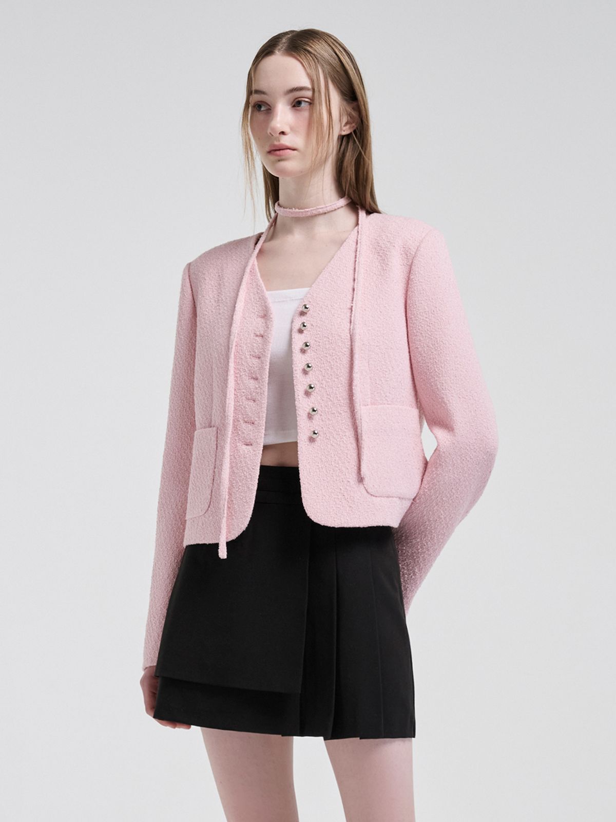 에트몽(ETMON) V-Neck Strap Tweed Jacket, Pink