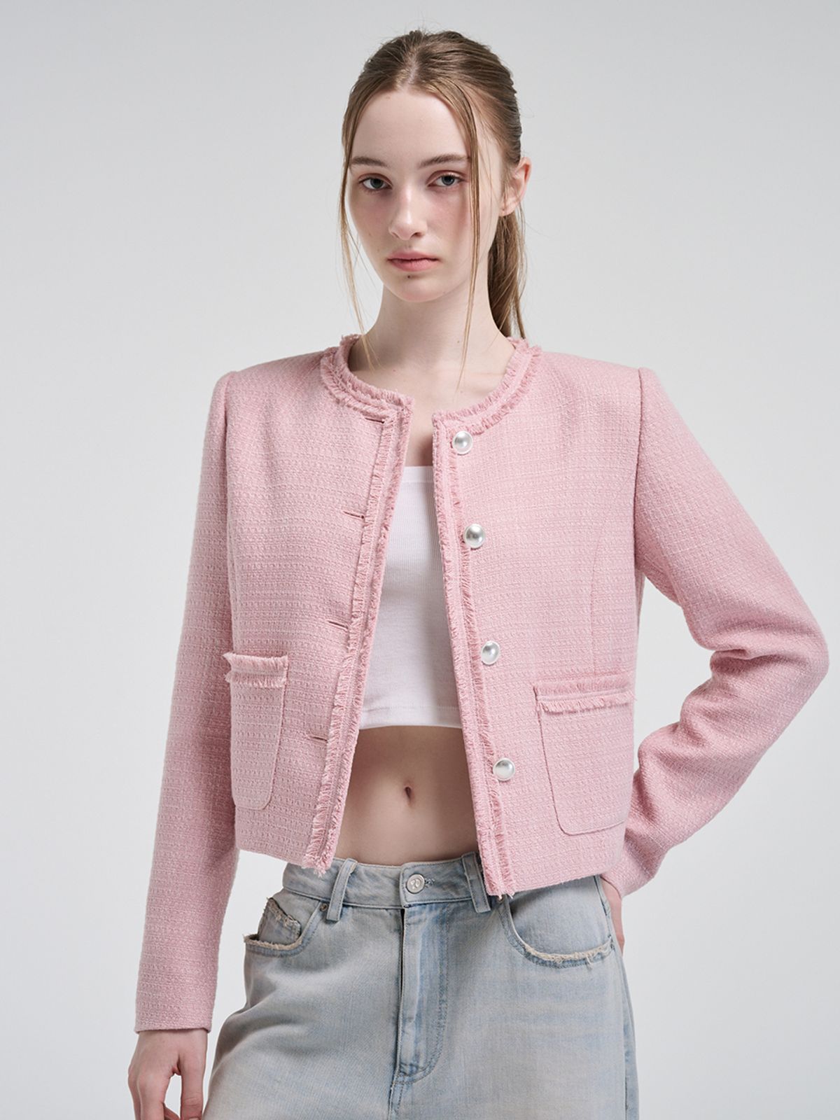 에트몽(ETMON) Fringe Detail Tweed Jacket, Pink