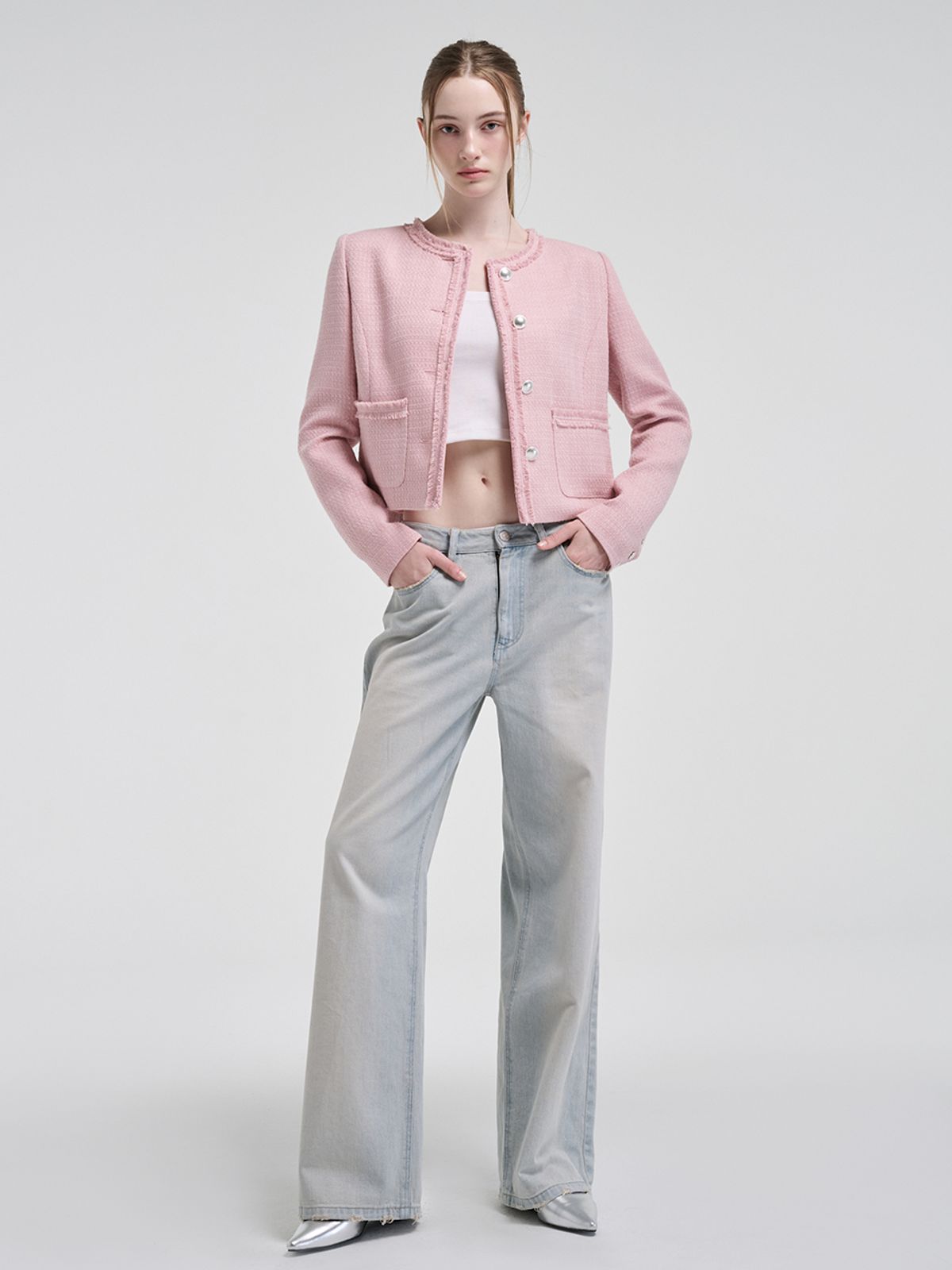 에트몽(ETMON) Fringe Detail Tweed Jacket, Pink