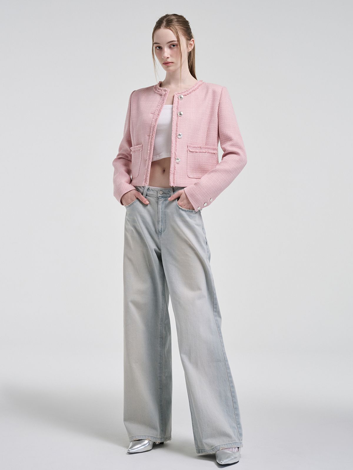 에트몽(ETMON) Fringe Detail Tweed Jacket, Pink