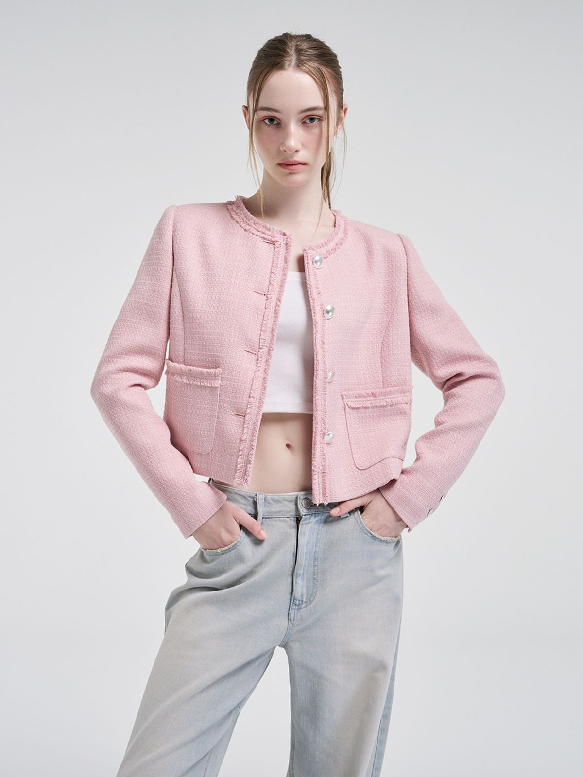 에트몽(ETMON) Fringe Detail Tweed Jacket, Pink