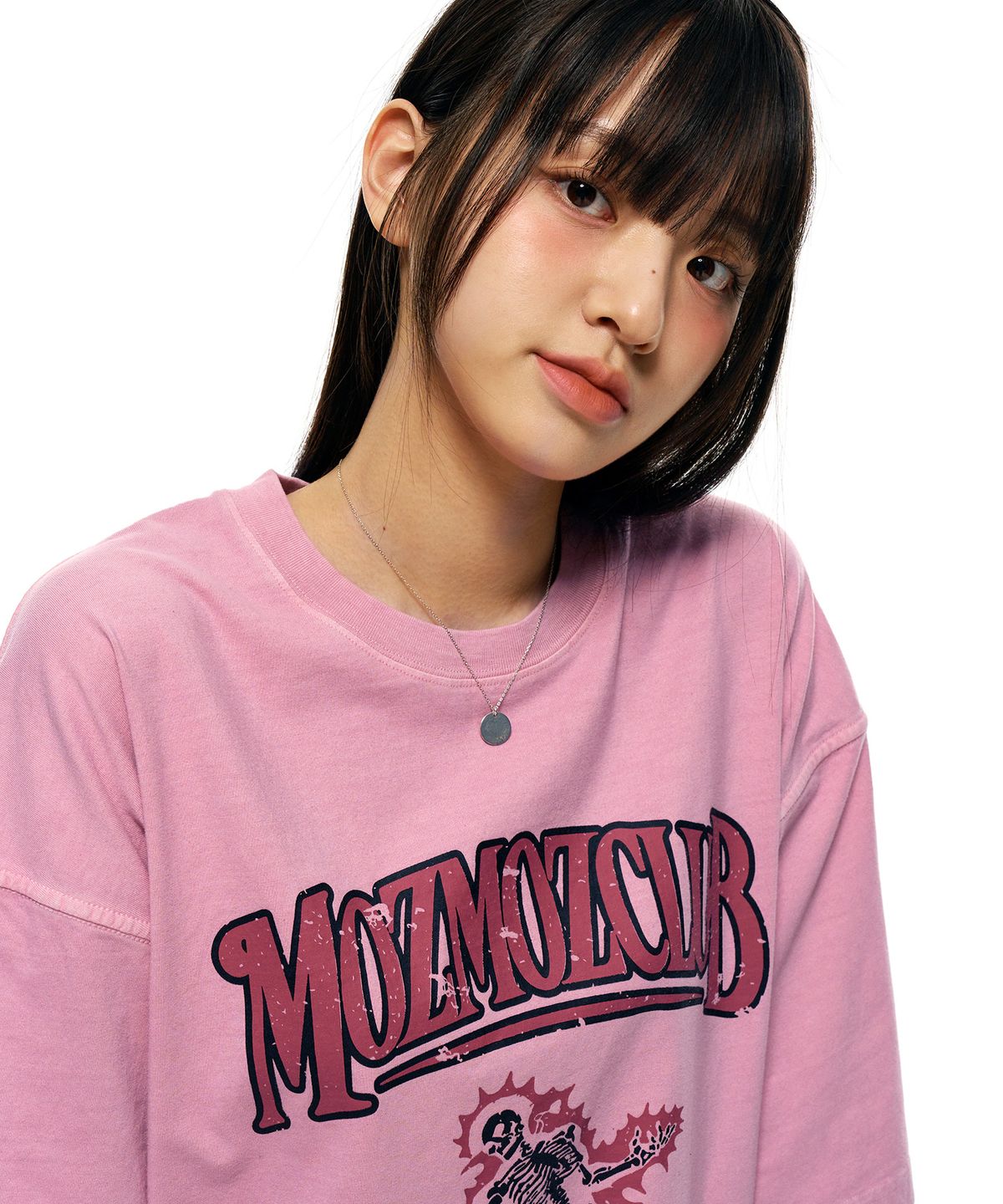 모즈모즈(MOZMOZ) 피그먼트 스켈레톤 오버핏 반팔티셔츠 핑크