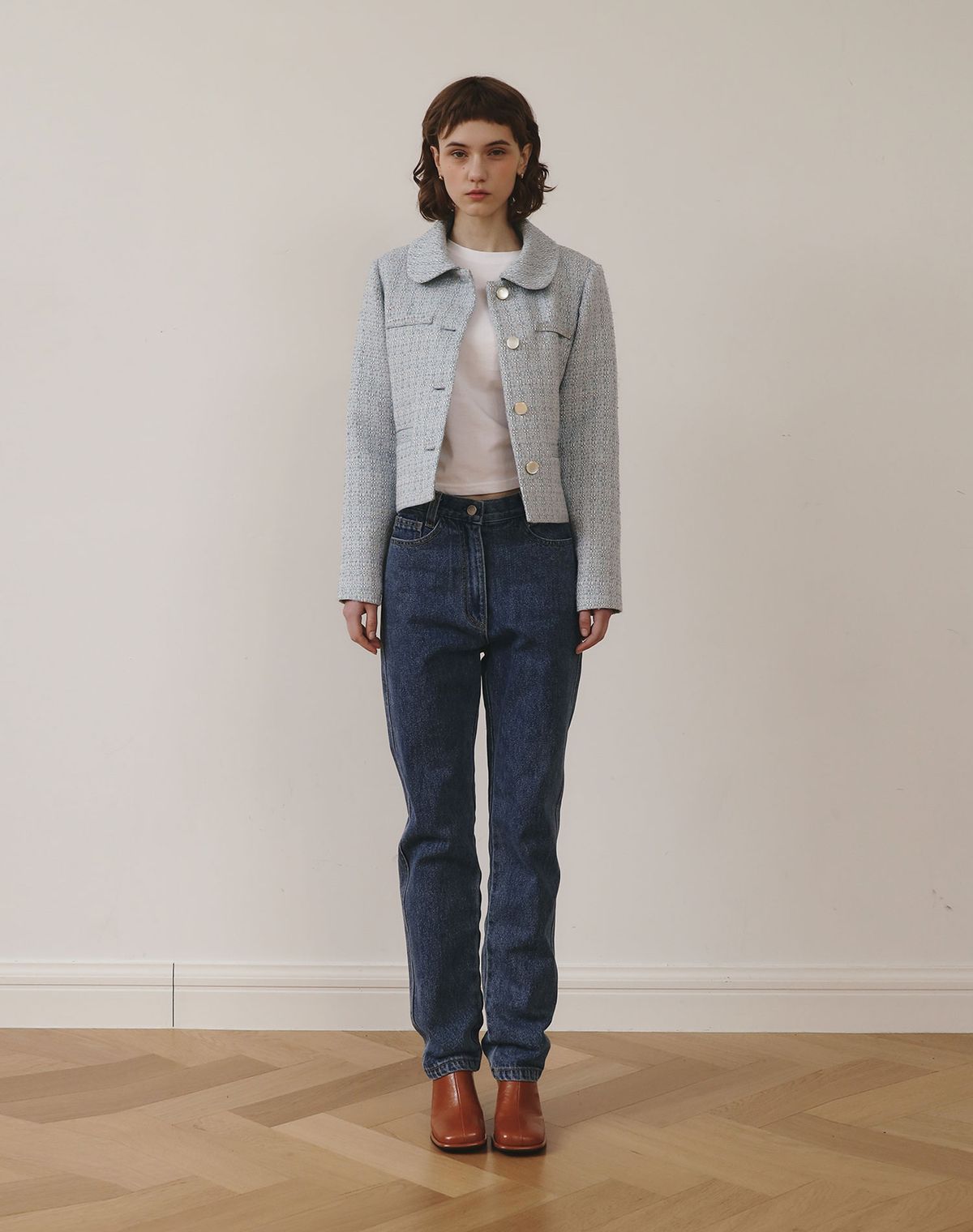 지에마르(GIEMAR) COLLAR TWEED JACKET 아이보리/하늘색