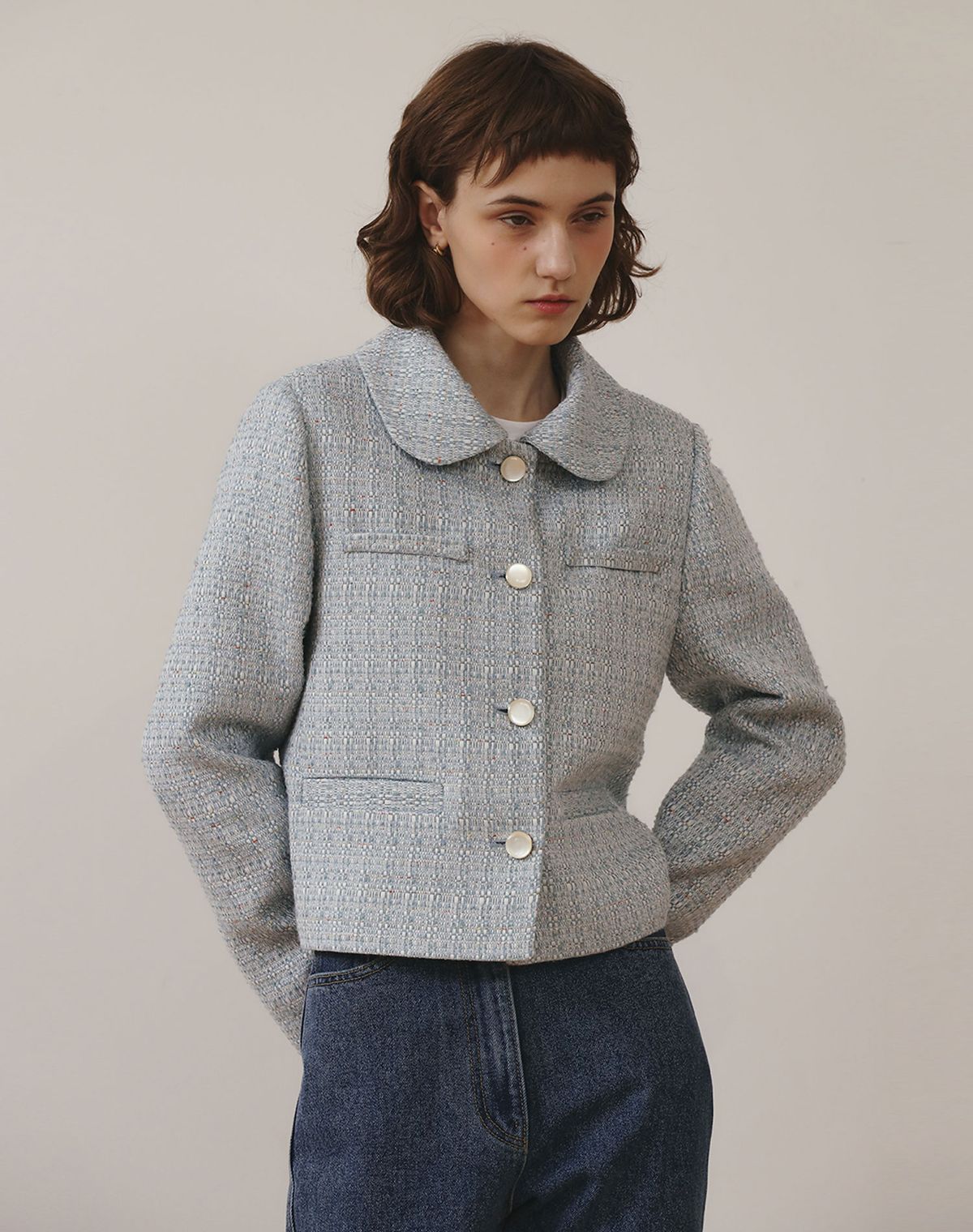 지에마르(GIEMAR) COLLAR TWEED JACKET 아이보리/하늘색