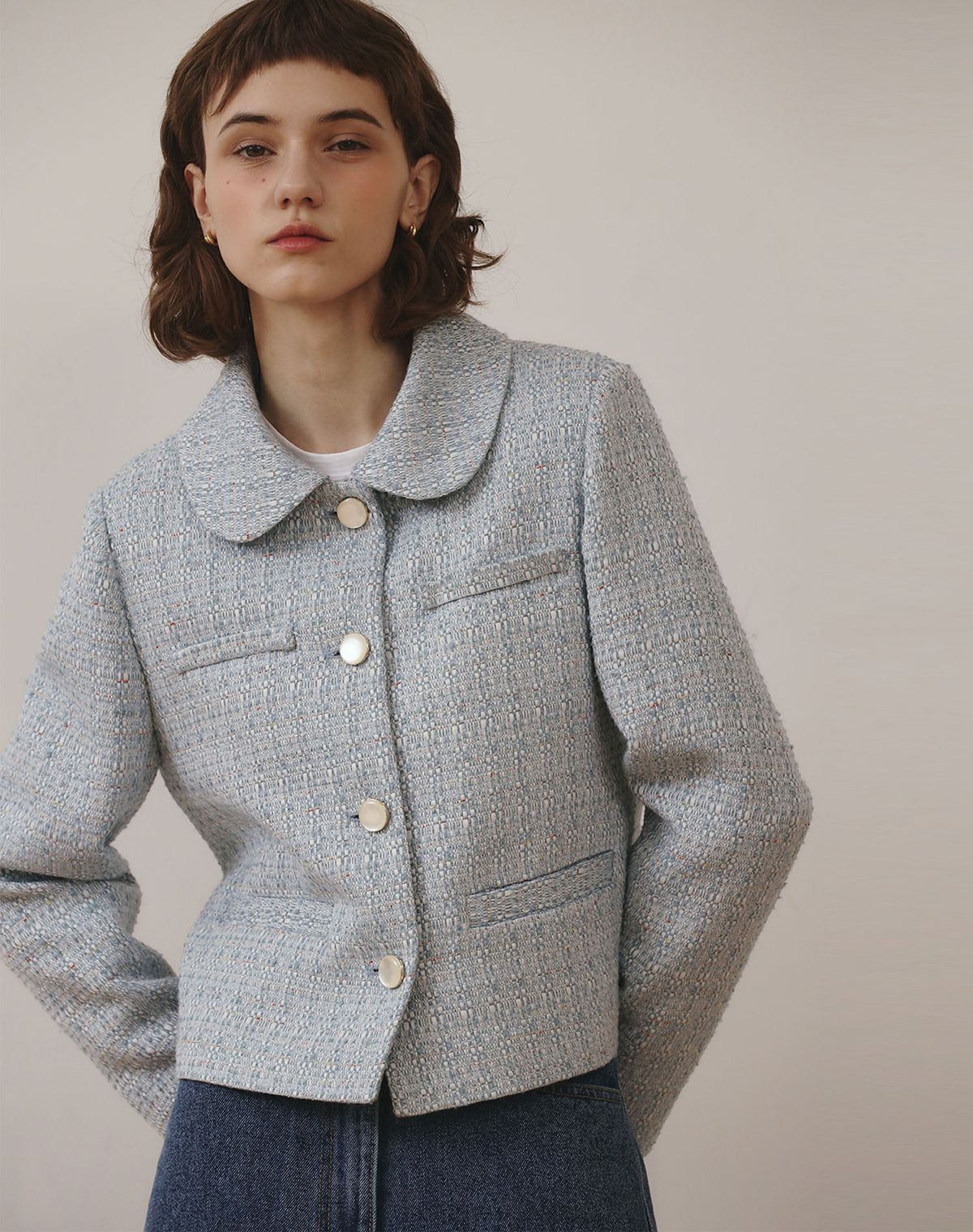 지에마르(GIEMAR) COLLAR TWEED JACKET 아이보리/하늘색
