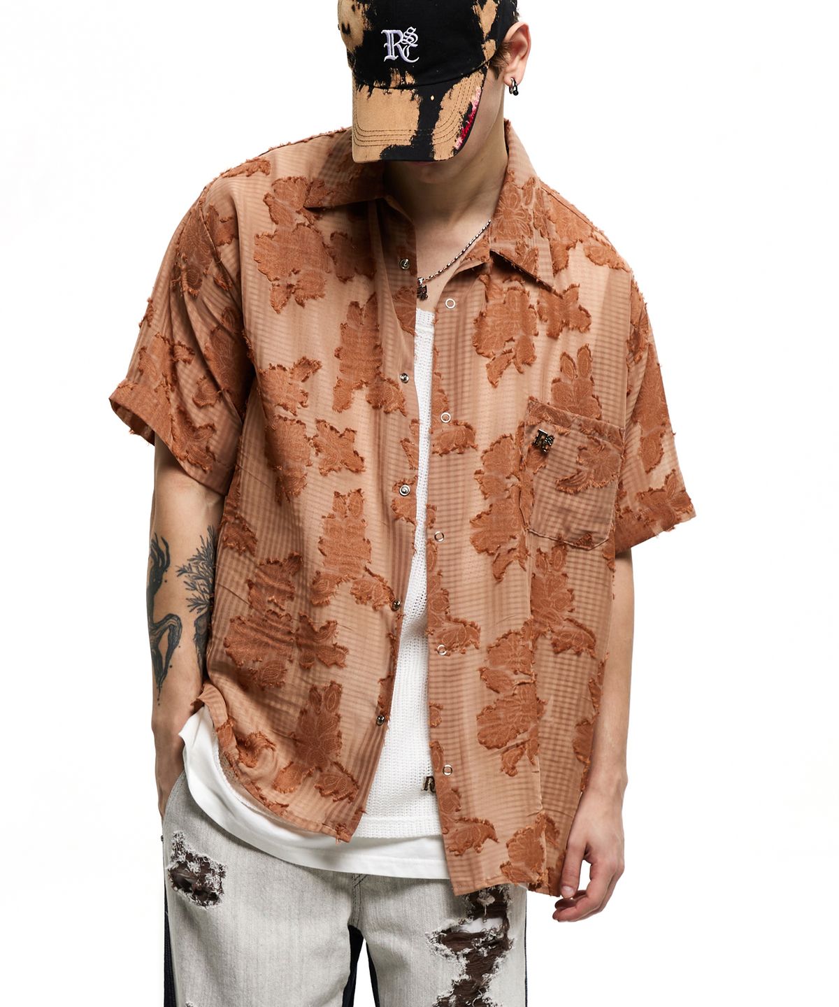 알에스에스씨(RSSC) FLORAL JACQUARD HALF SHIRT - BRICK