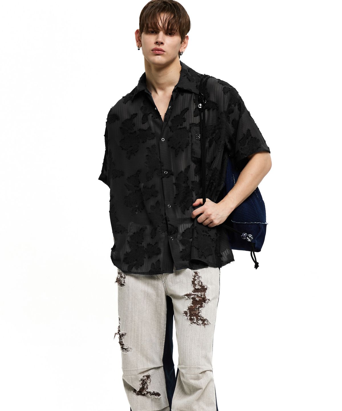 알에스에스씨(RSSC) FLORAL JACQUARD HALF SHIRT - BLACK