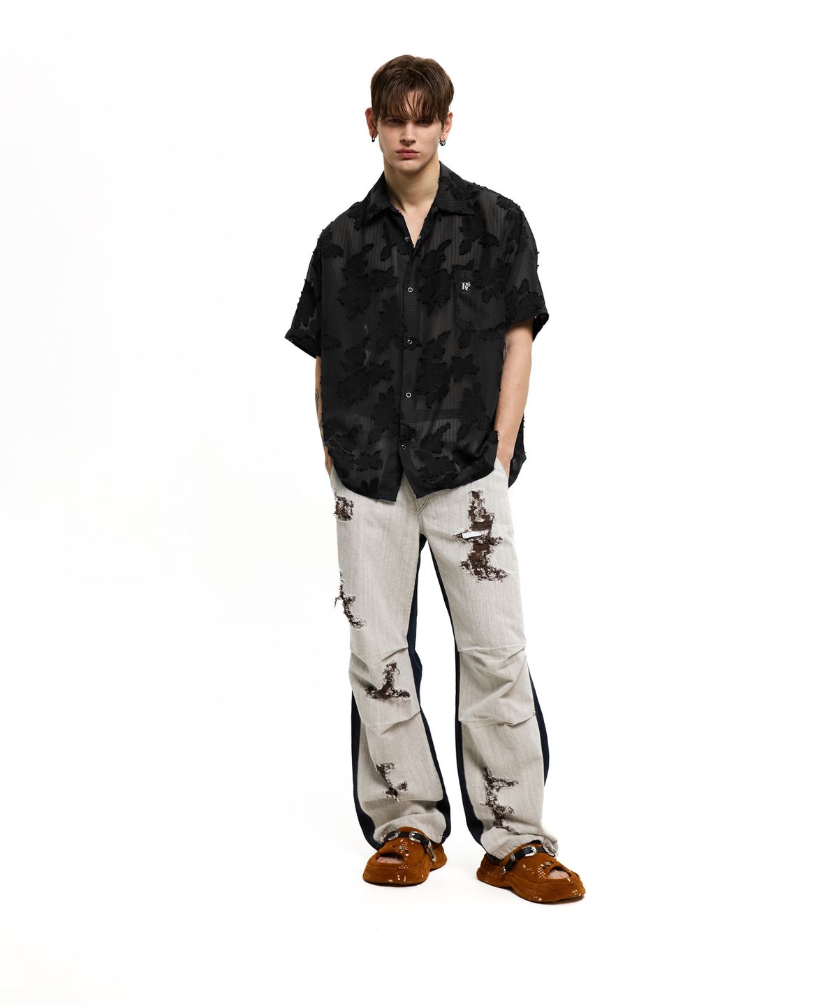 알에스에스씨(RSSC) FLORAL JACQUARD HALF SHIRT - BLACK