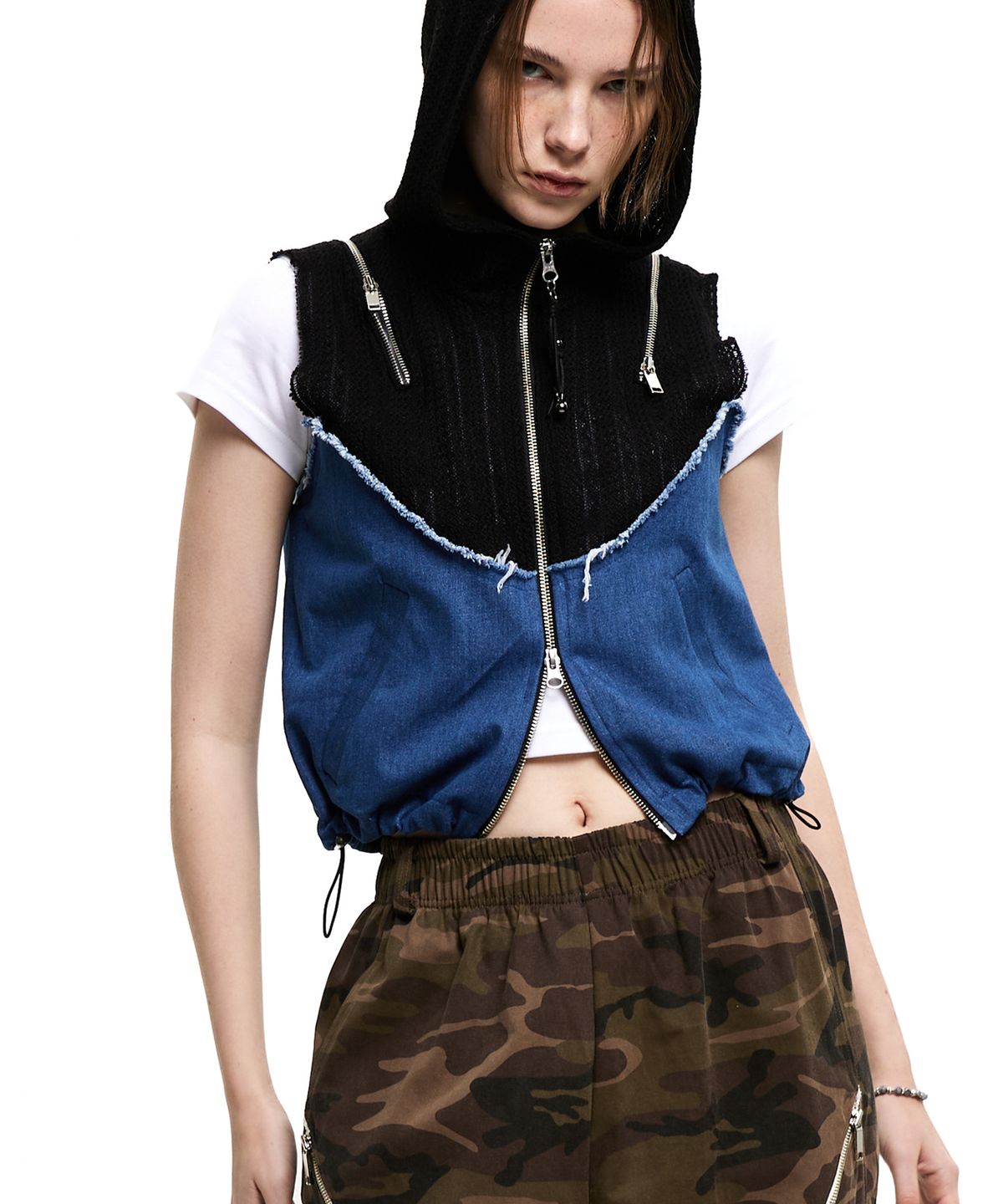 알에스에스씨(RSSC) KNIT & DENIM HOOD ZIPUP VEST - BLACK/DENIM