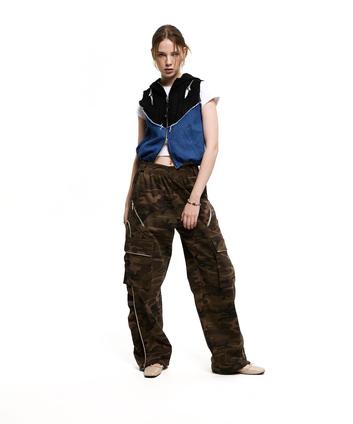 알에스에스씨(RSSC) KNIT & DENIM HOOD ZIPUP VEST - BLACK/DENIM
